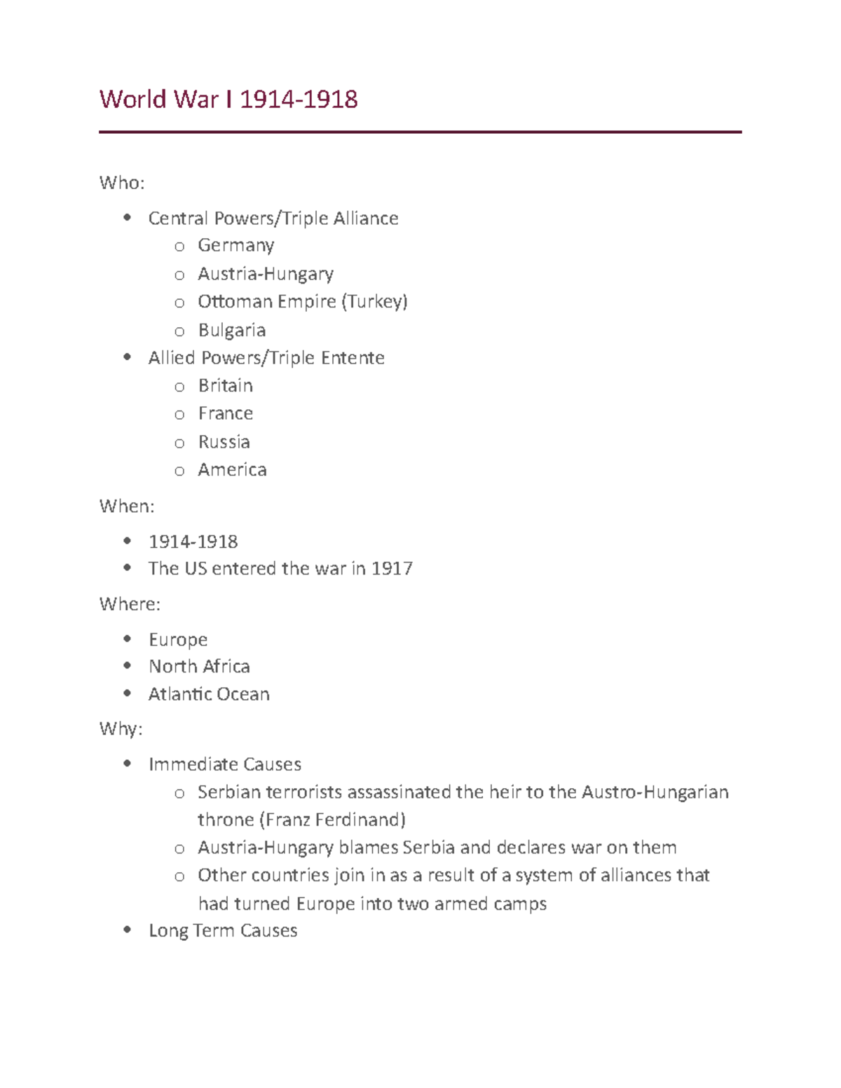 DC History WWI - Lecture notes 1 - World War I 1914- Who: Central ...