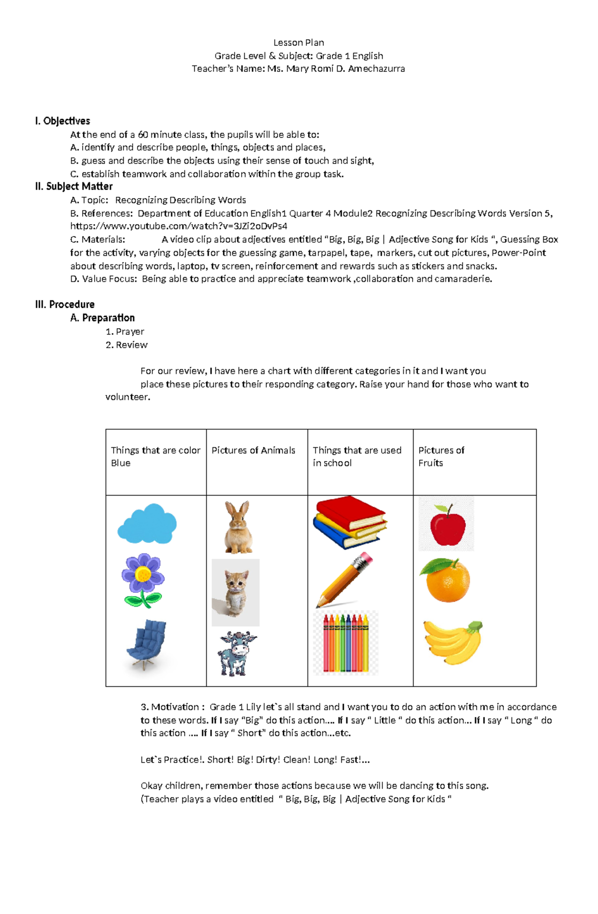 Final Demo JJ Lesson Plan - Lesson Plan Grade Level & Subject: Grade 1 ...