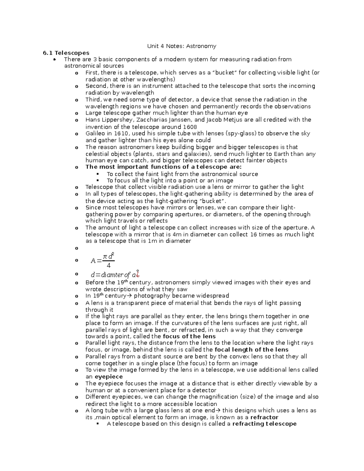 Unit 4 Notes: Astronomy 6.1-6.2 Telescopes - Studocu