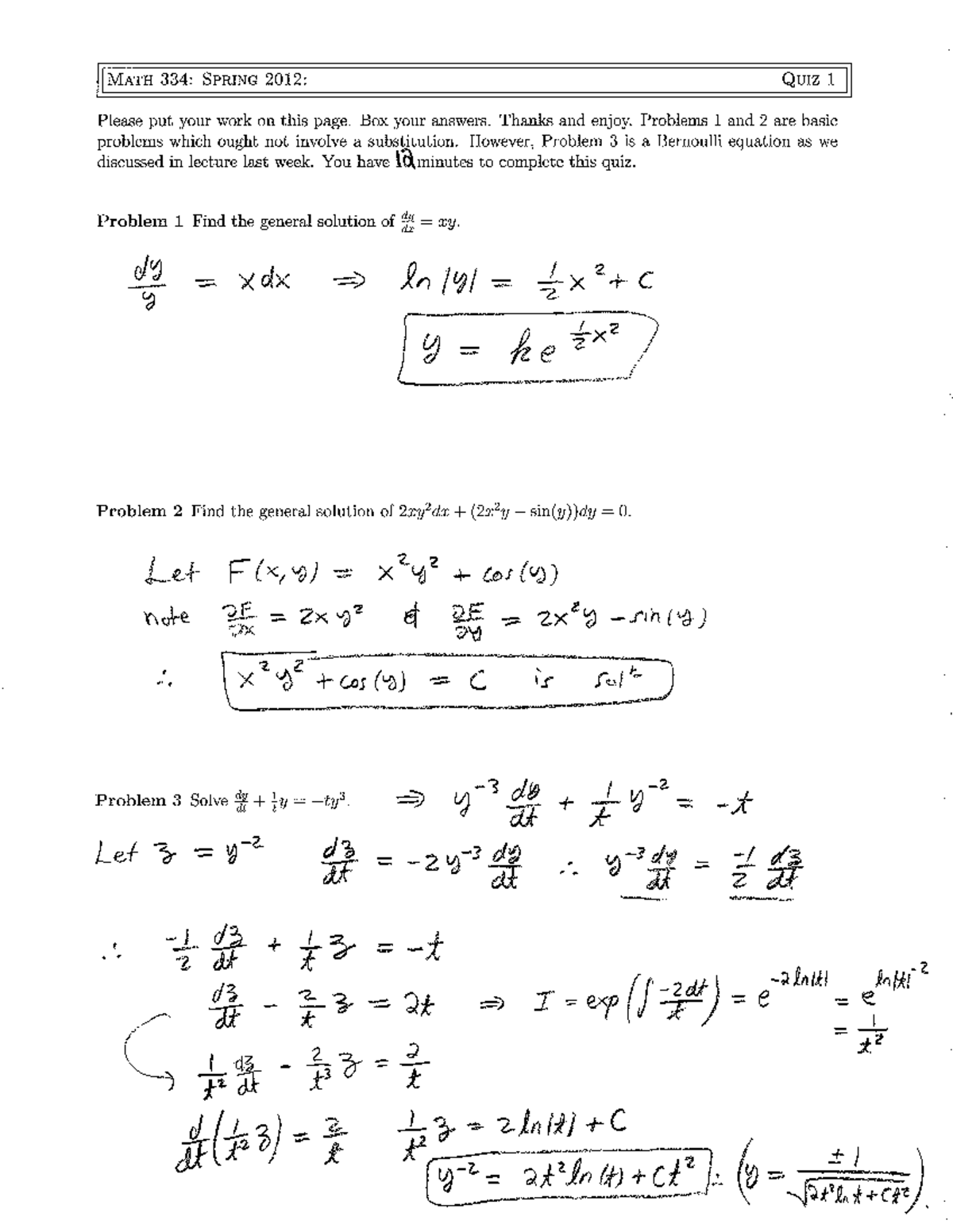 Differential Equations Quiz Week 1 soln - MATH 334: SPRING 2012: QUIZ 1 ...