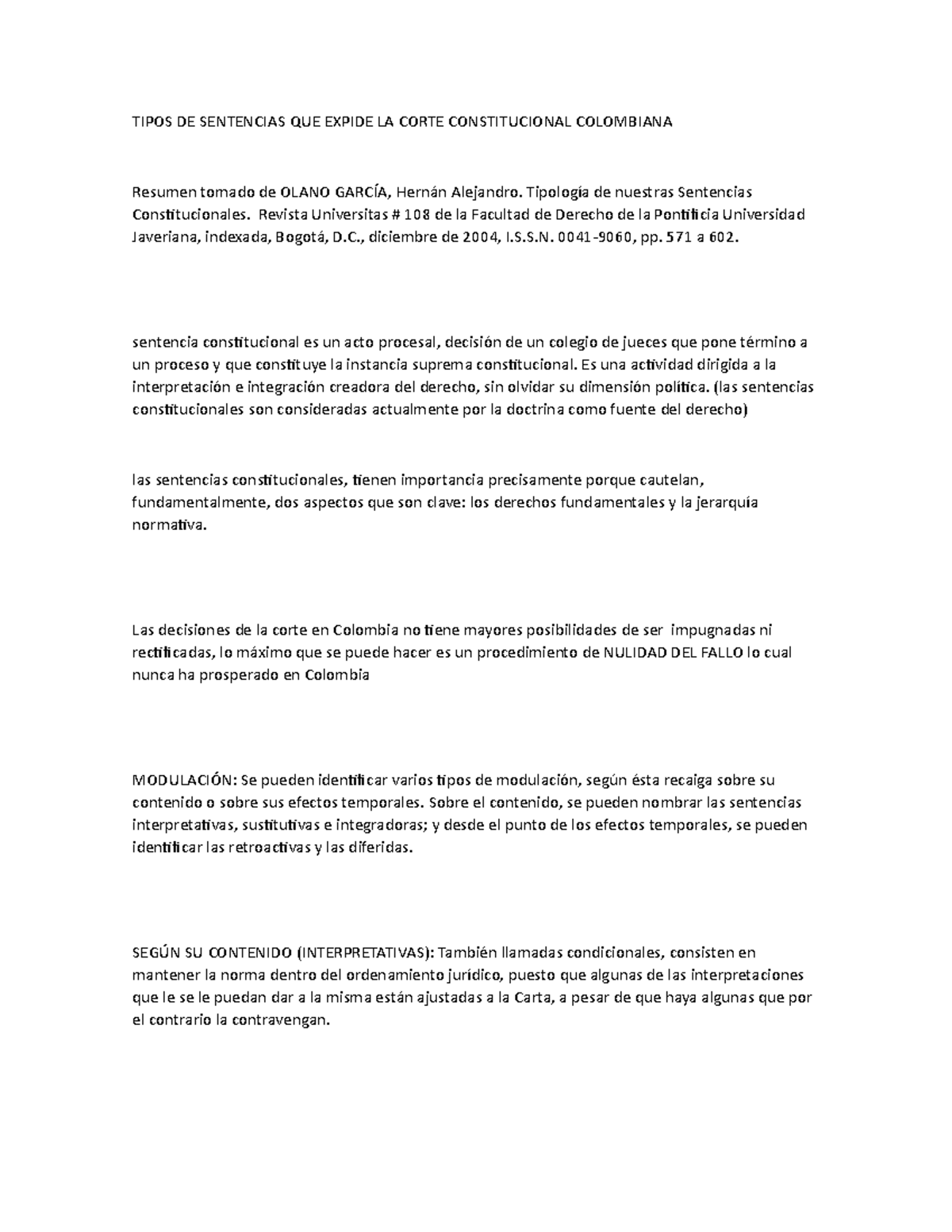 Tipos DE Sentencias QUE Expide LA Corte Constitucional Colombiana