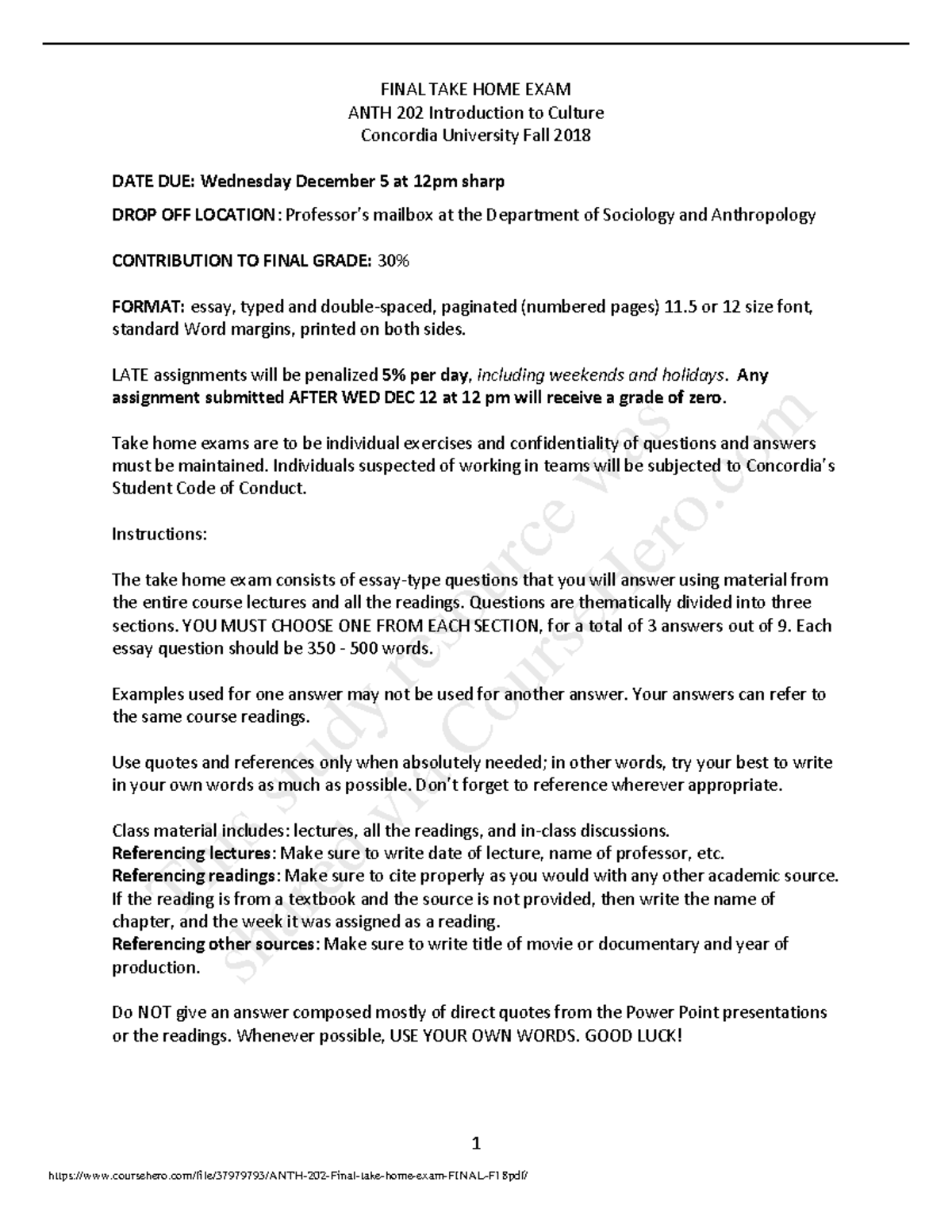 Final November Autumn 2020, questions - 1 FINAL TAKE HOME EXAM ANTH 202 ...
