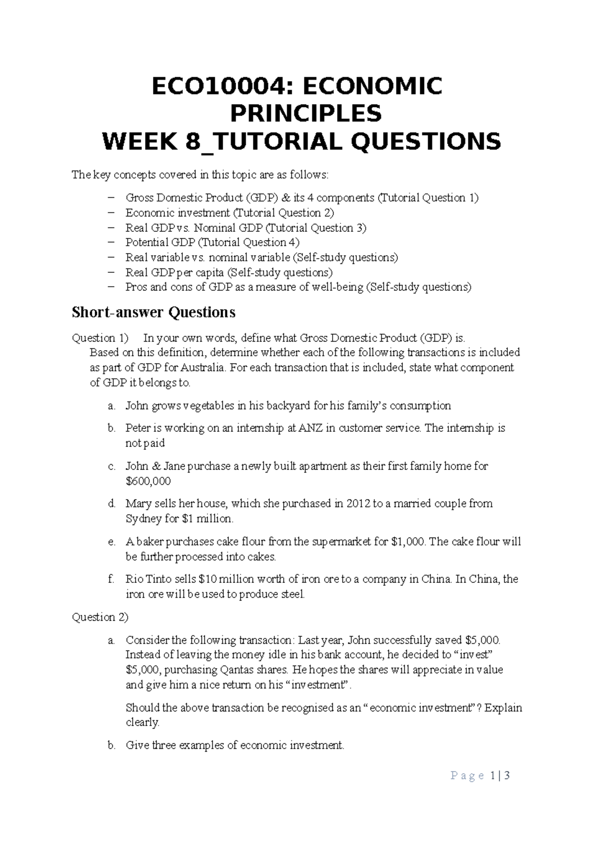 Week 8 Tutorial Questions - ECO10004: ECONOMIC PRINCIPLES WEEK 8 ...