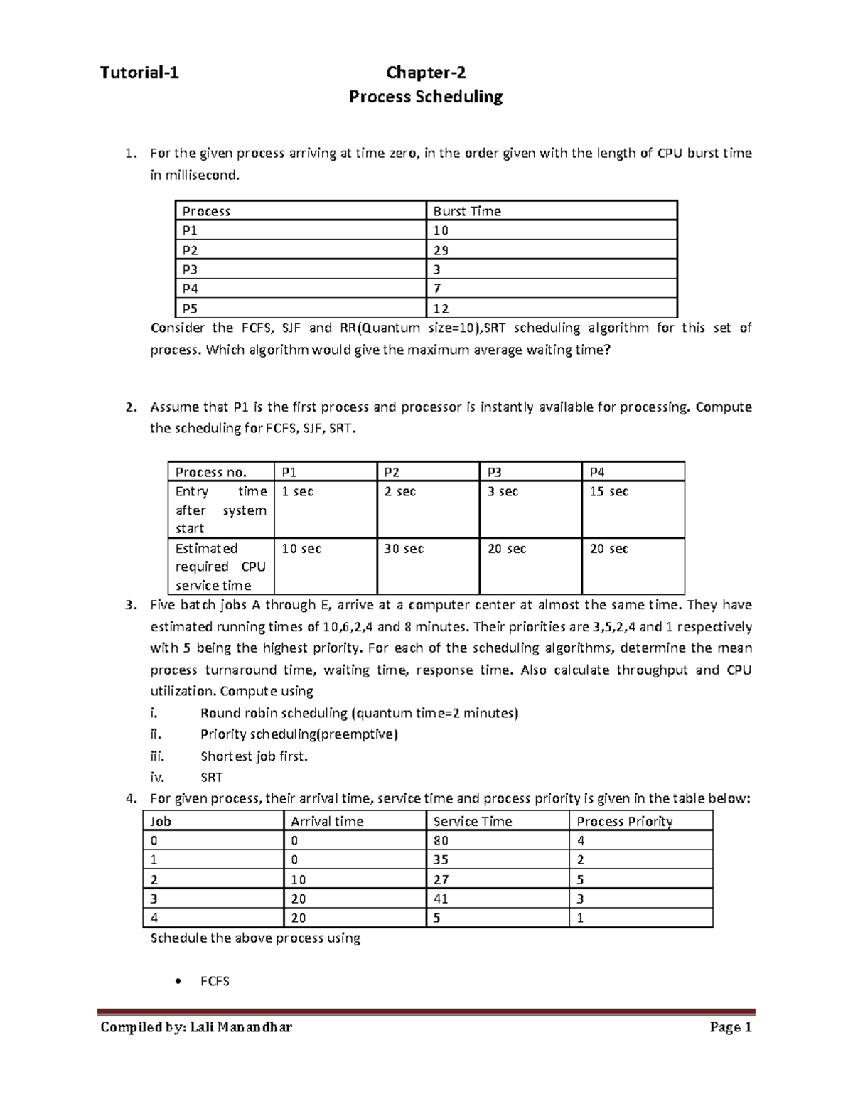 Process Scheduling Tutorial 1 Chapter Process Scheduling Compiled By