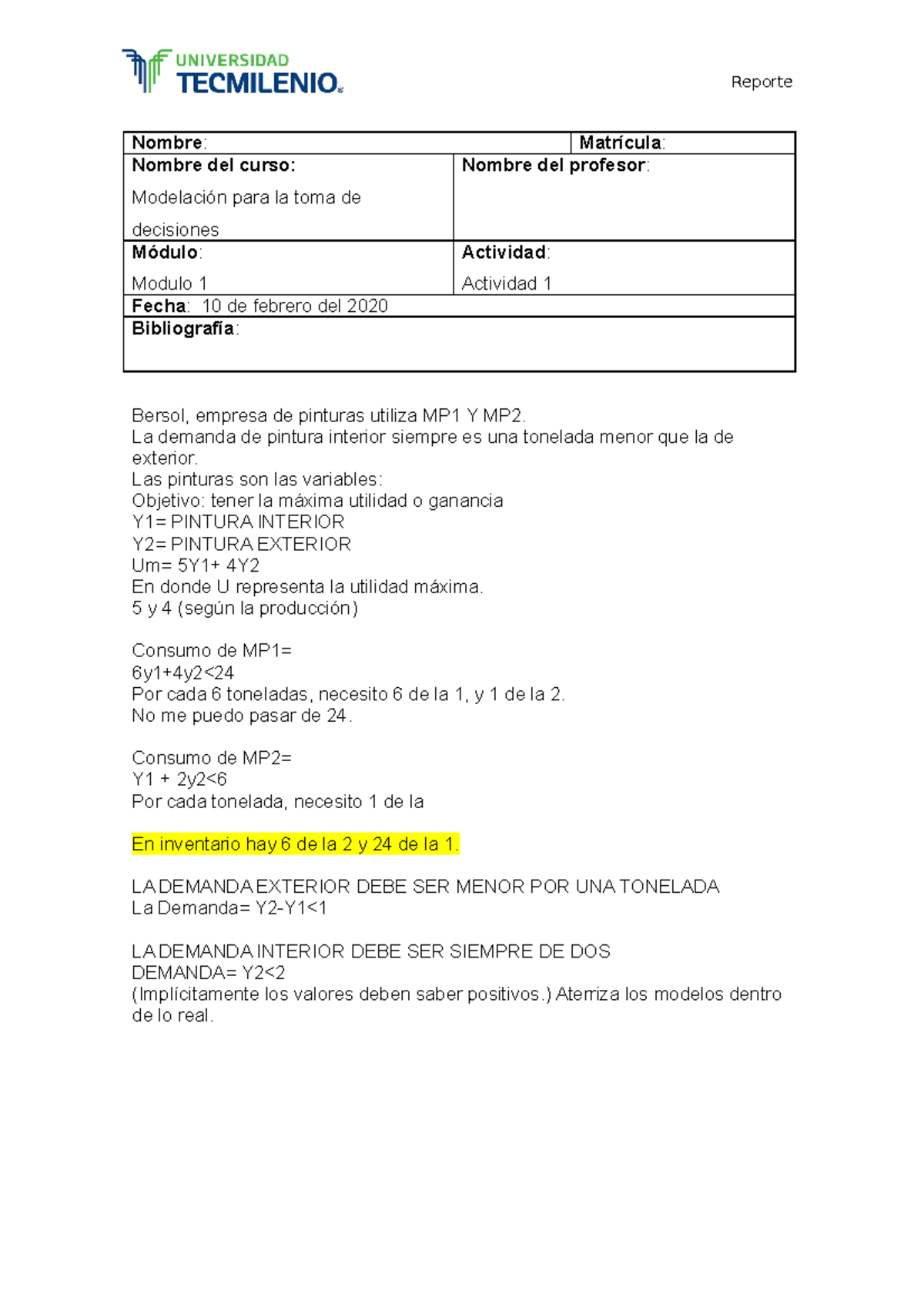 Actividad 1 Modelacion Para La Toma De Decisiones - Reporte Nombre ...