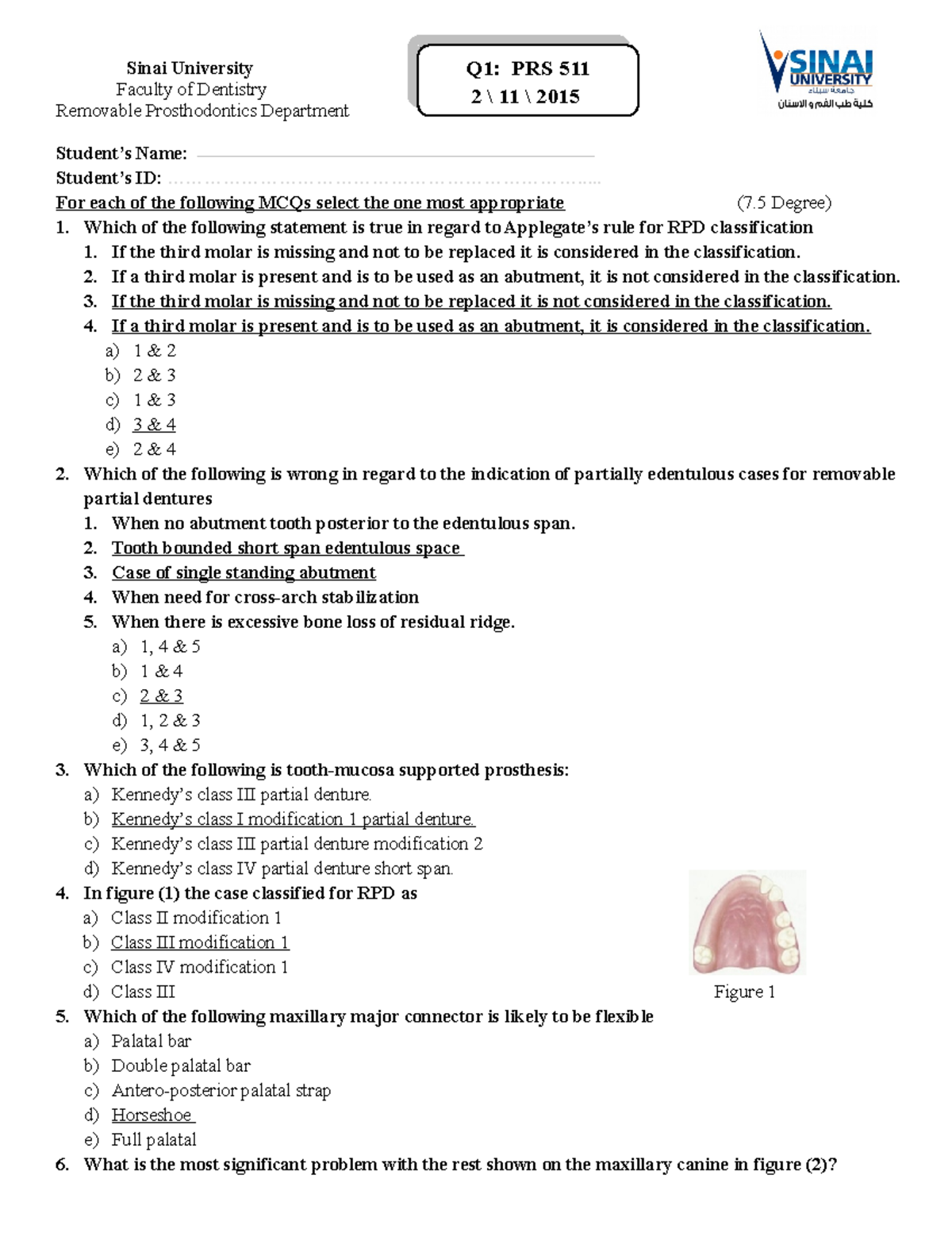 Q1 RPD c3 Fall 2015 Removable prosthodontics Sinai University