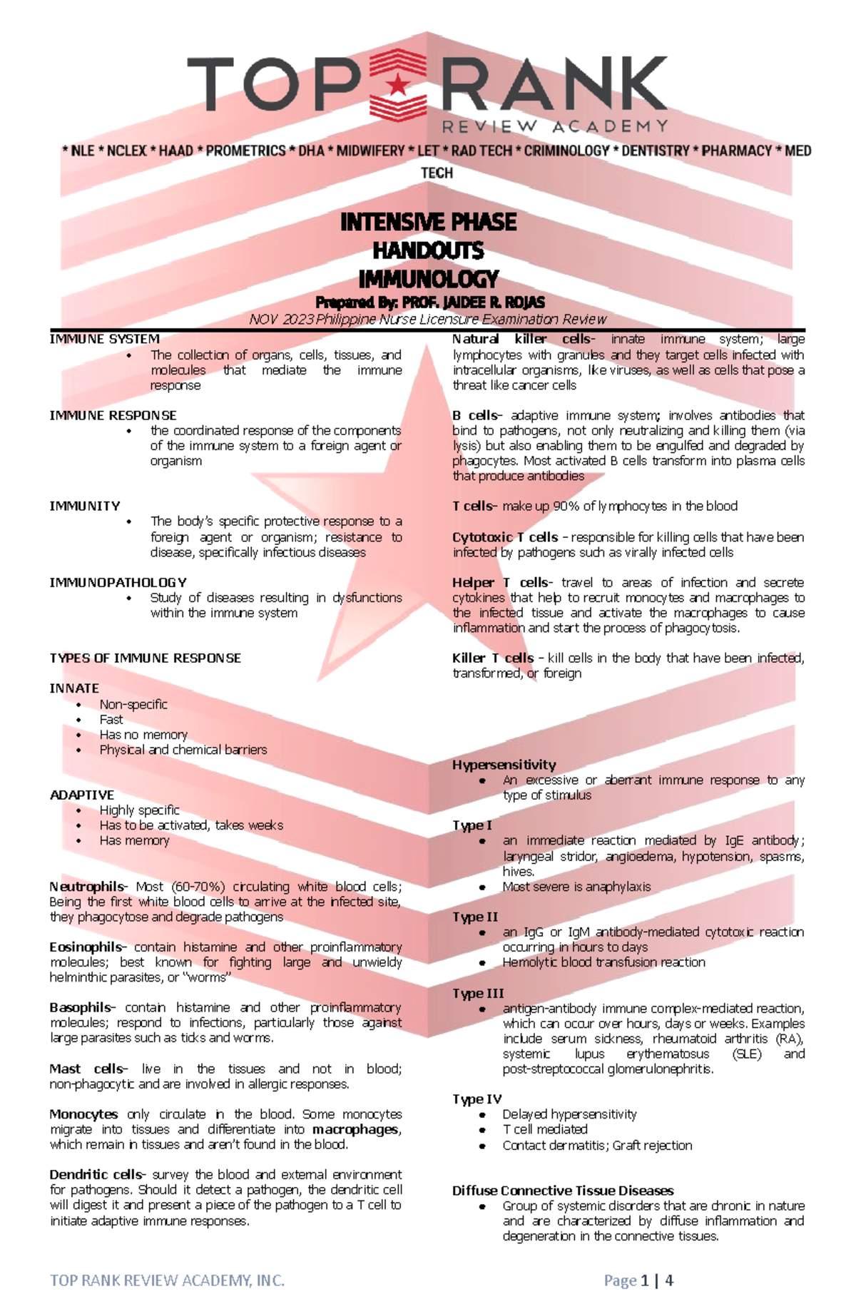 Handouts- Immuno- PROF. Rojas - INTENSIVE PHASE HANDOUTS IMMUNOLOGY ...
