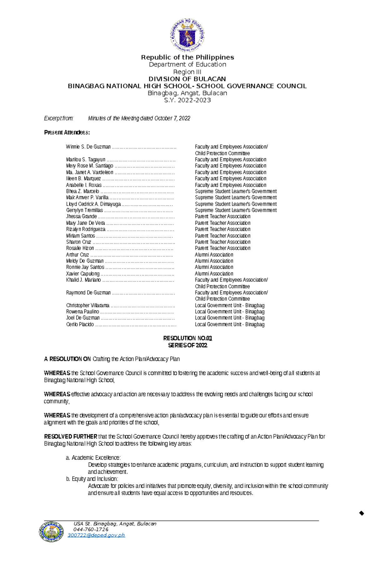 Resolution 3 Crafting AN Advocacy PLAN - Republic of the Philippines ...