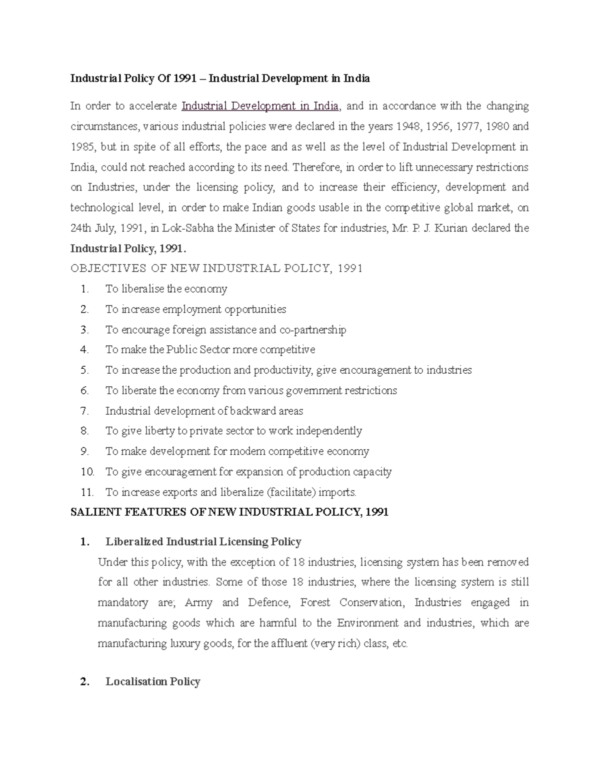 1. NEW Industrial Policy 1991 Industrial Policy Of 1991 Industrial