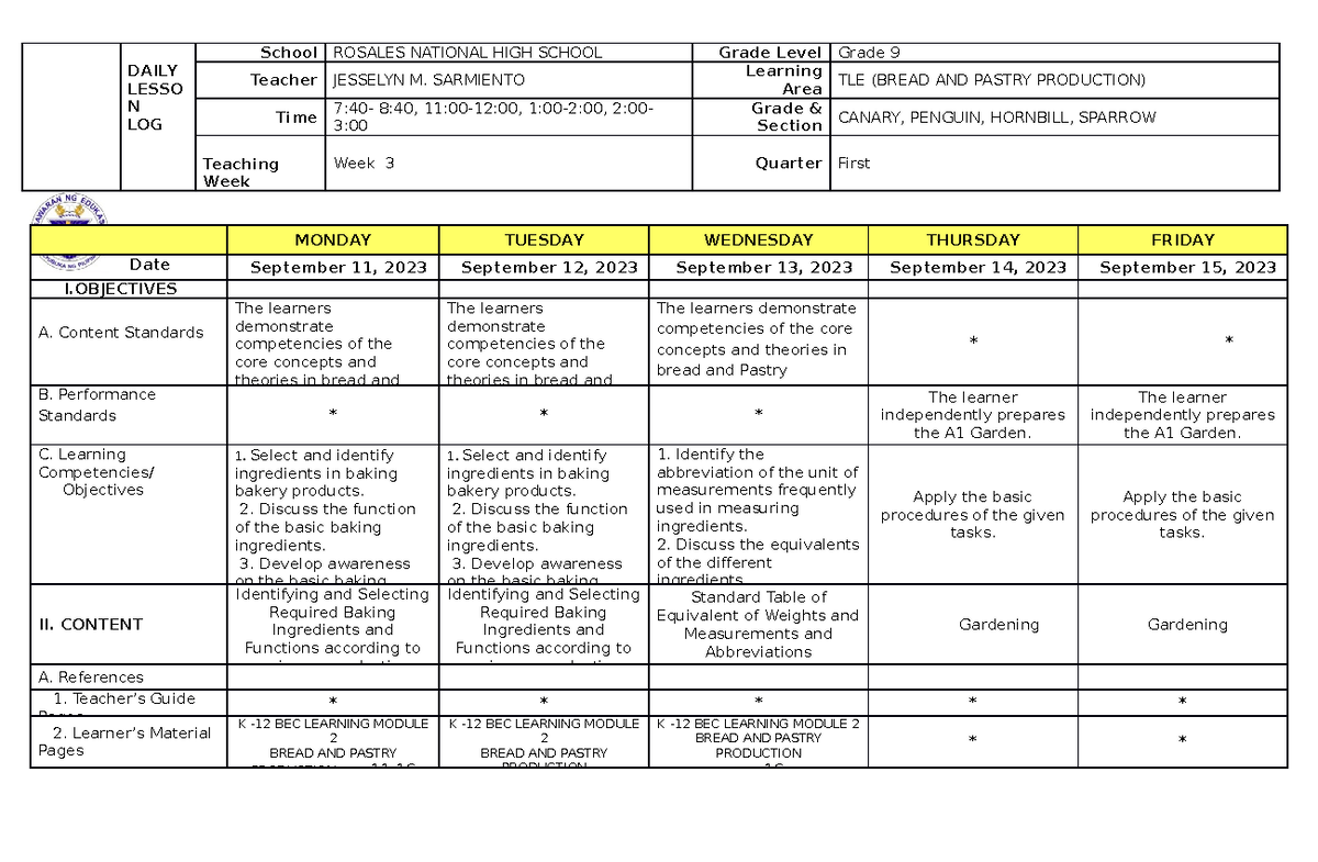 DLL9 BPP First Quarter w3 - MONDAY TUESDAY WEDNESDAY THURSDAY FRIDAY ...