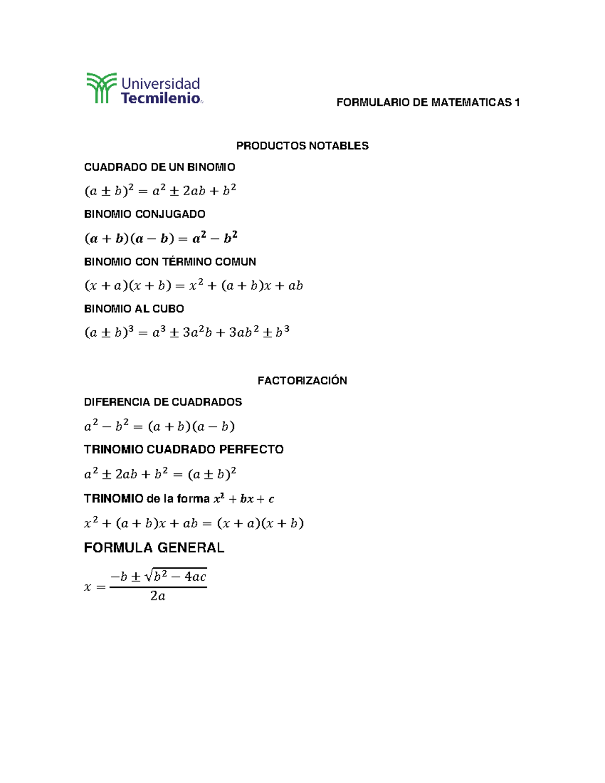 Formulrio mate 1 parcial 2 - FORMULARIO DE MATEMATICAS 1 PRODUCTOS ...