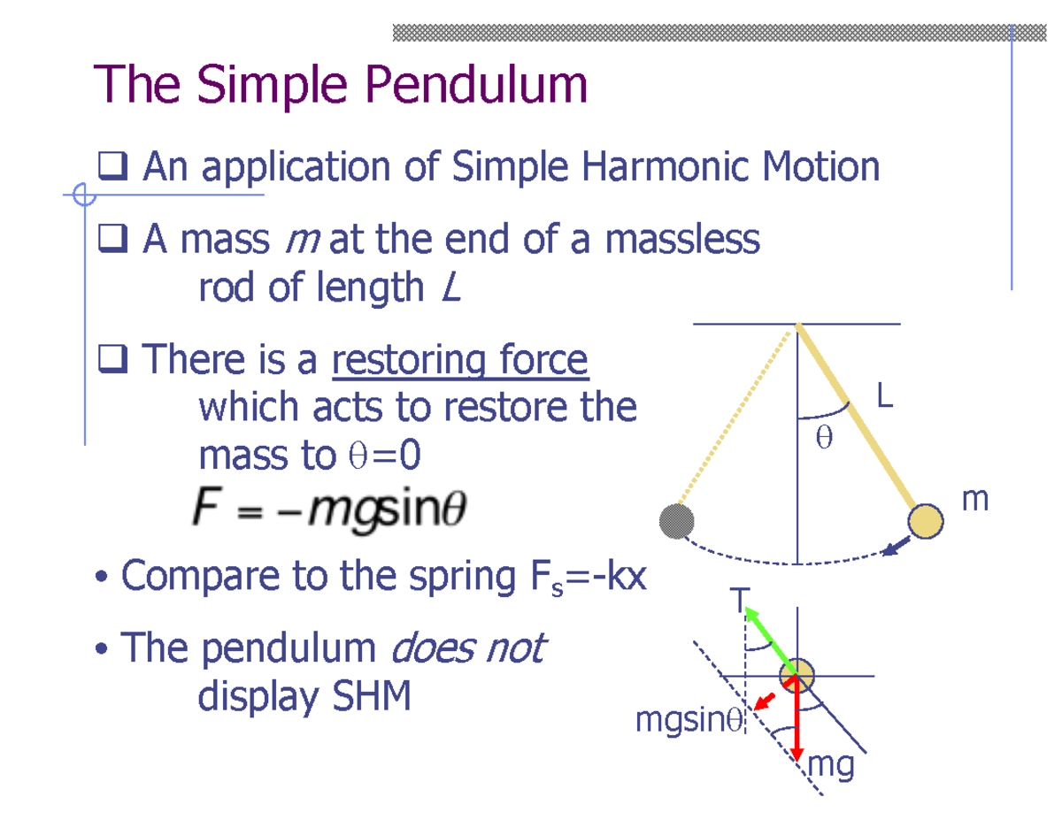Notes 14a xxxxxxxxxxxxxxx The Simple Pendulum q An application of