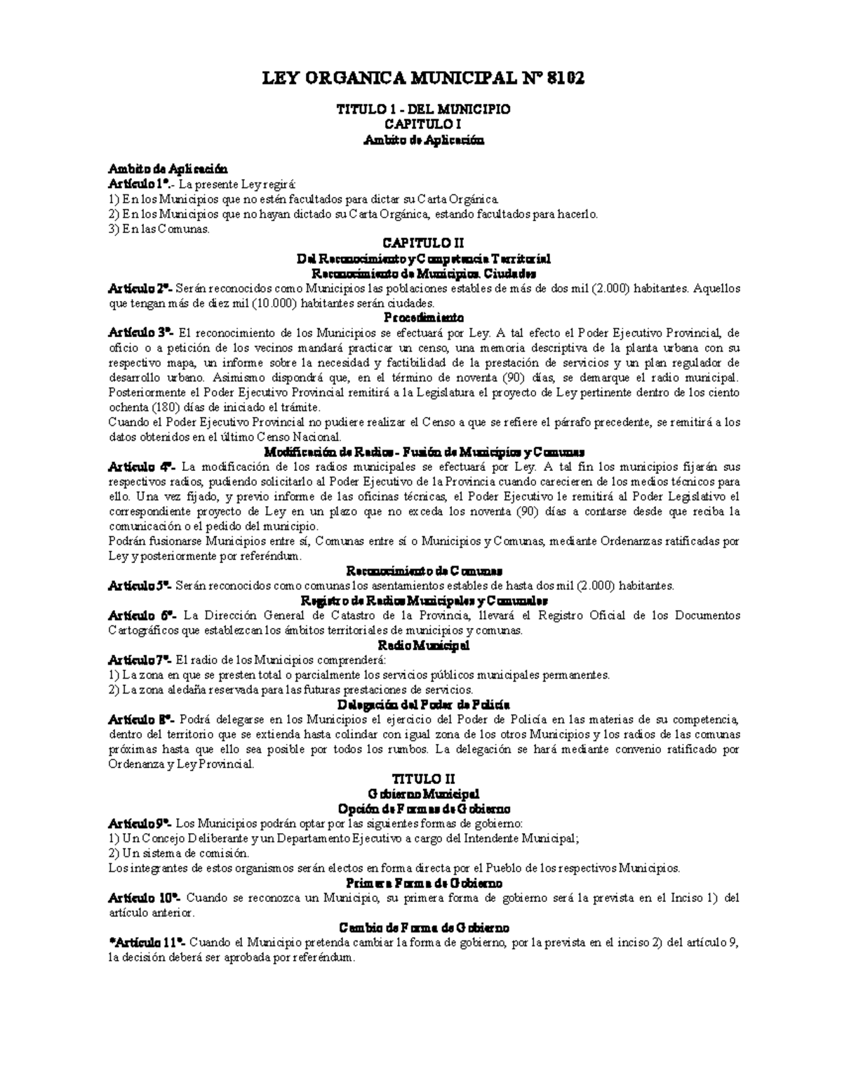 Ley no 8102 ley organica municipal LEY ORGANICA MUNICIPAL N° 8102 TITULO 1 DEL MUNICIPIO Ley no 8102 ley organica municipal LEY ORGANICA MUNICIPAL N° 8102 TITULO 1 DEL MUNICIPIO