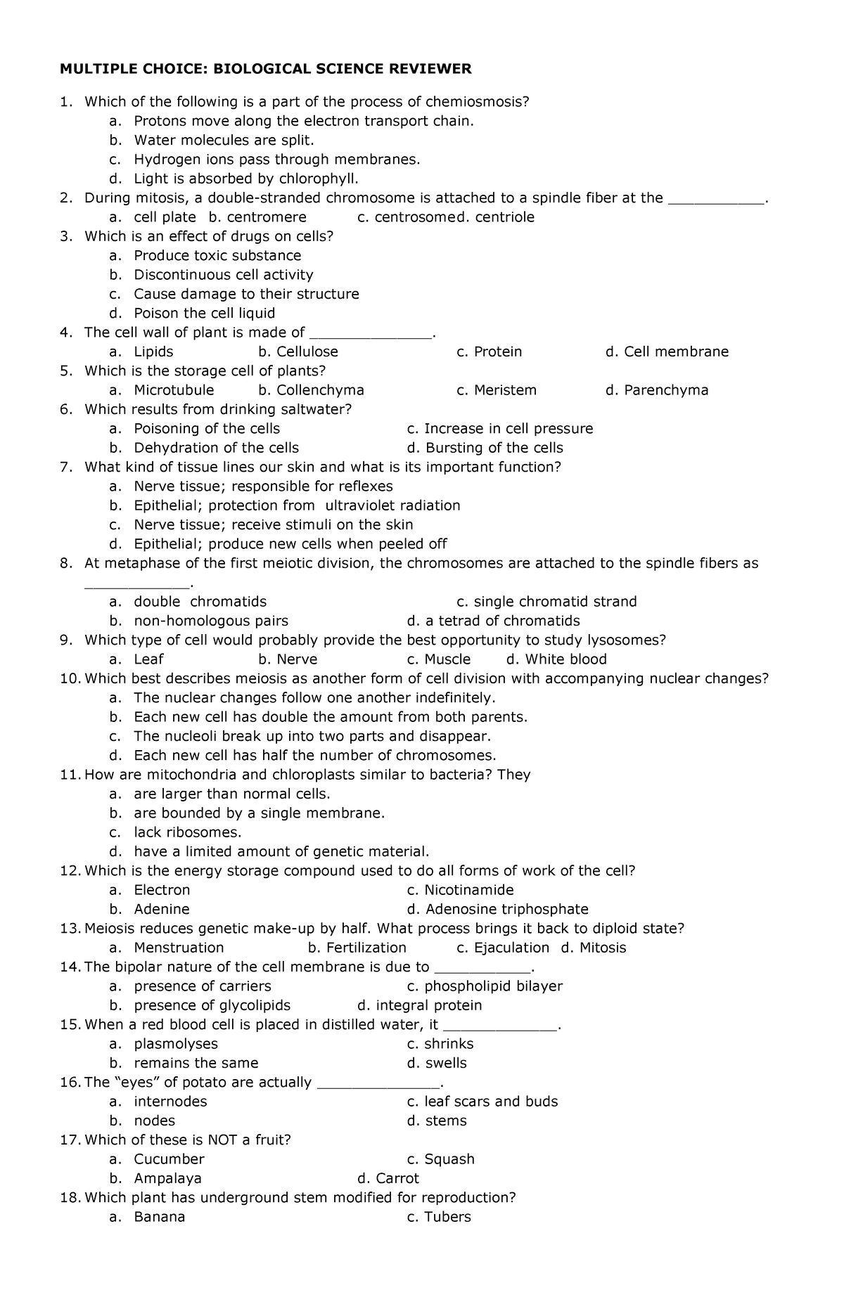 Biological Science Reviewer - MULTIPLE CHOICE: BIOLOGICAL SCIENCE ...