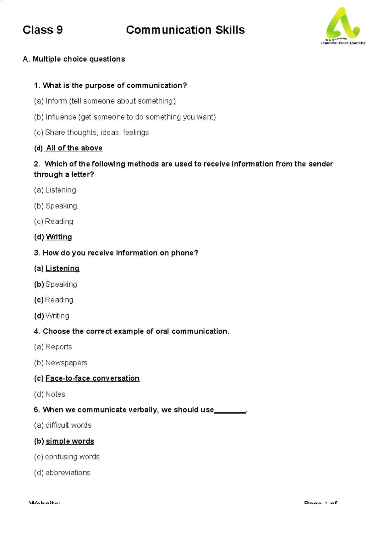 Chapter - Communication Skills Class 9 - Class 9 Communication Skills A ...