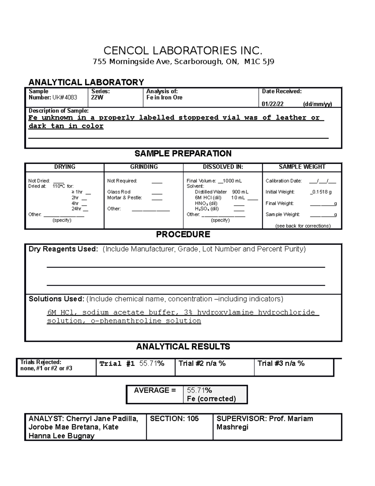 Cencol Laboratories fill in form on word - CENCOL LABORATORIES INC. 755 ...