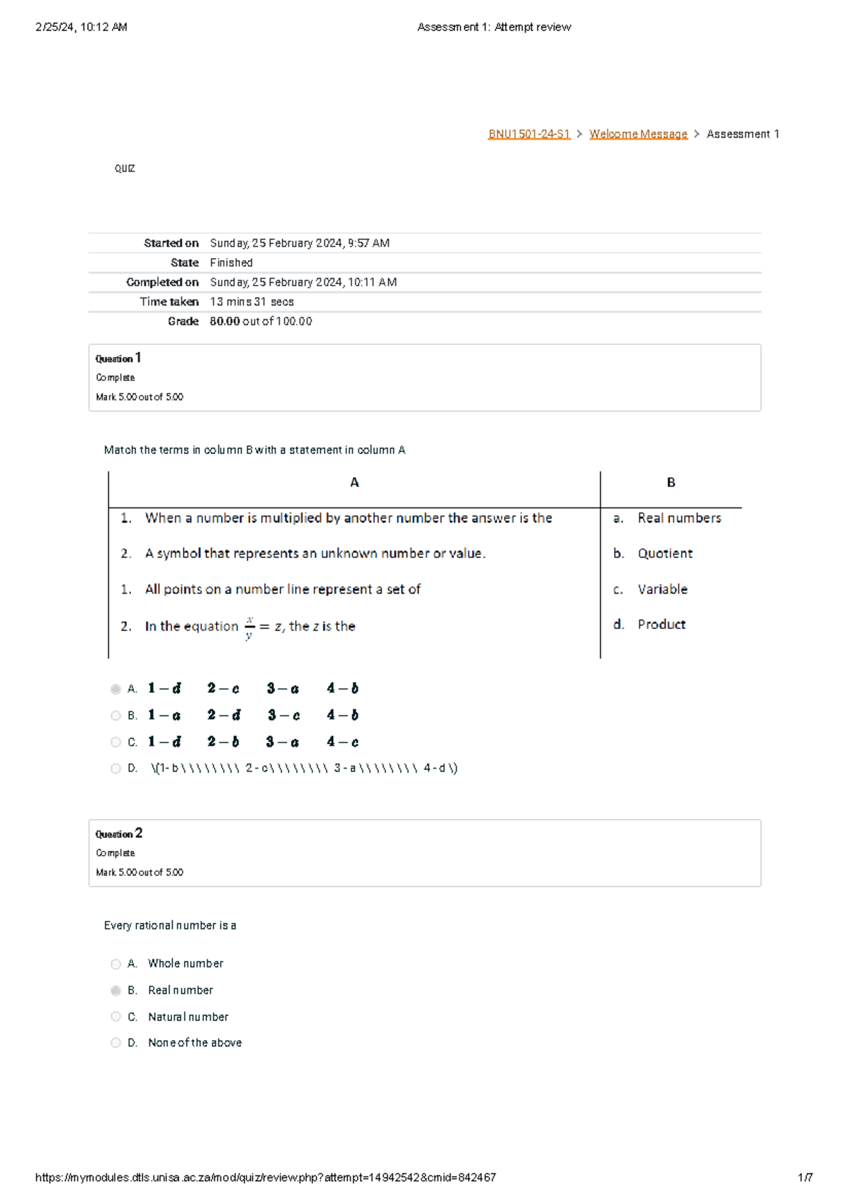 Assessment 1 Attempt Review Bnu1501 24 S1 Welcome Message Assessment