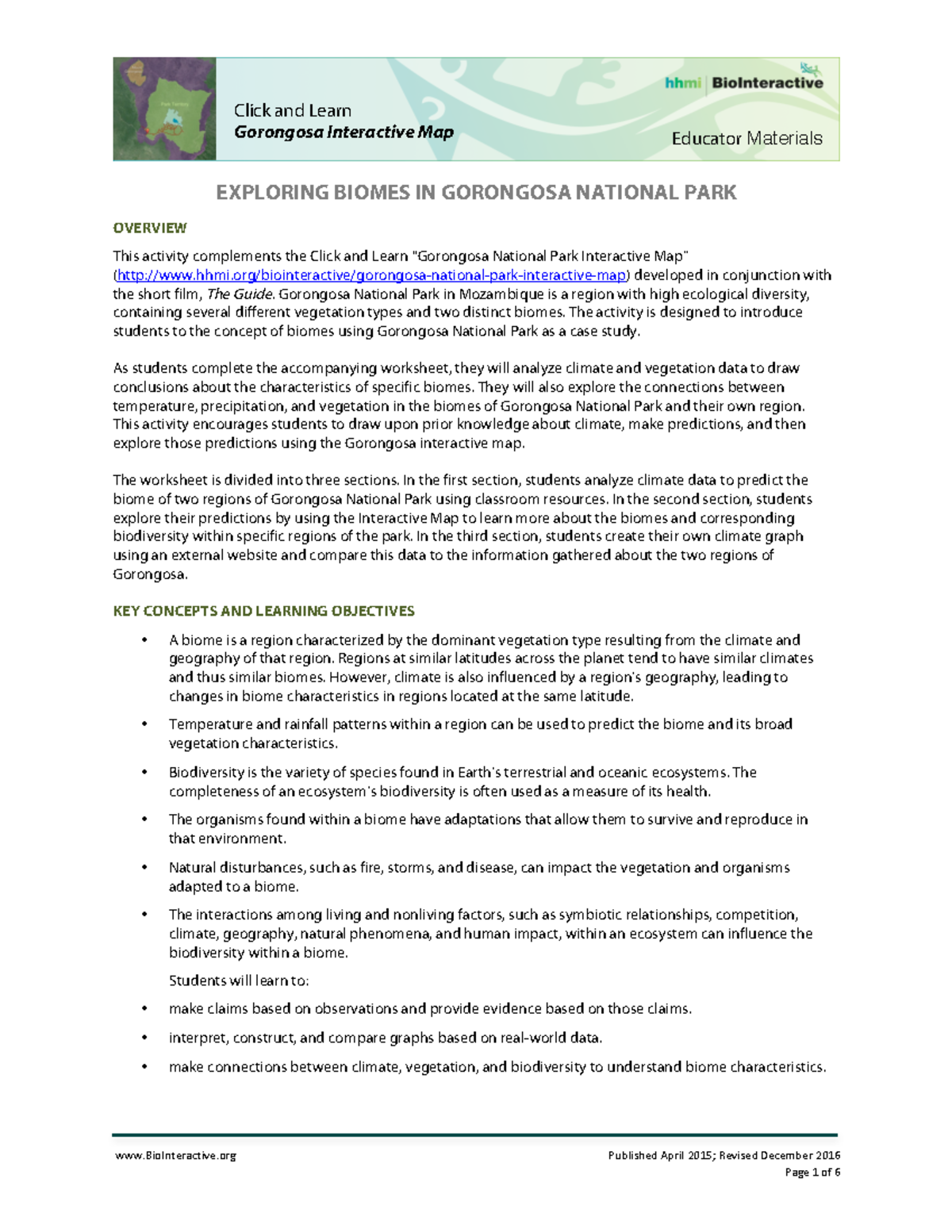 BiomeActivityEducator BioInteractive Published April 2015; Revised