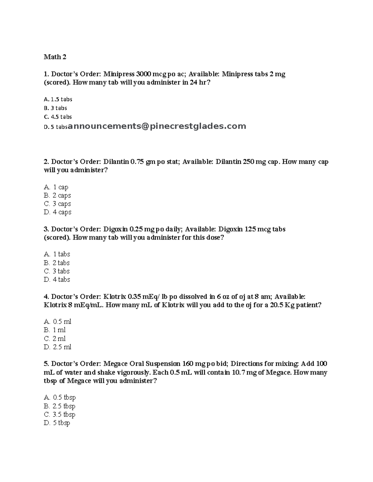 medical practice Math 2 - Math 2 1. Doctor’s Order: Minipress 3000 mcg ...