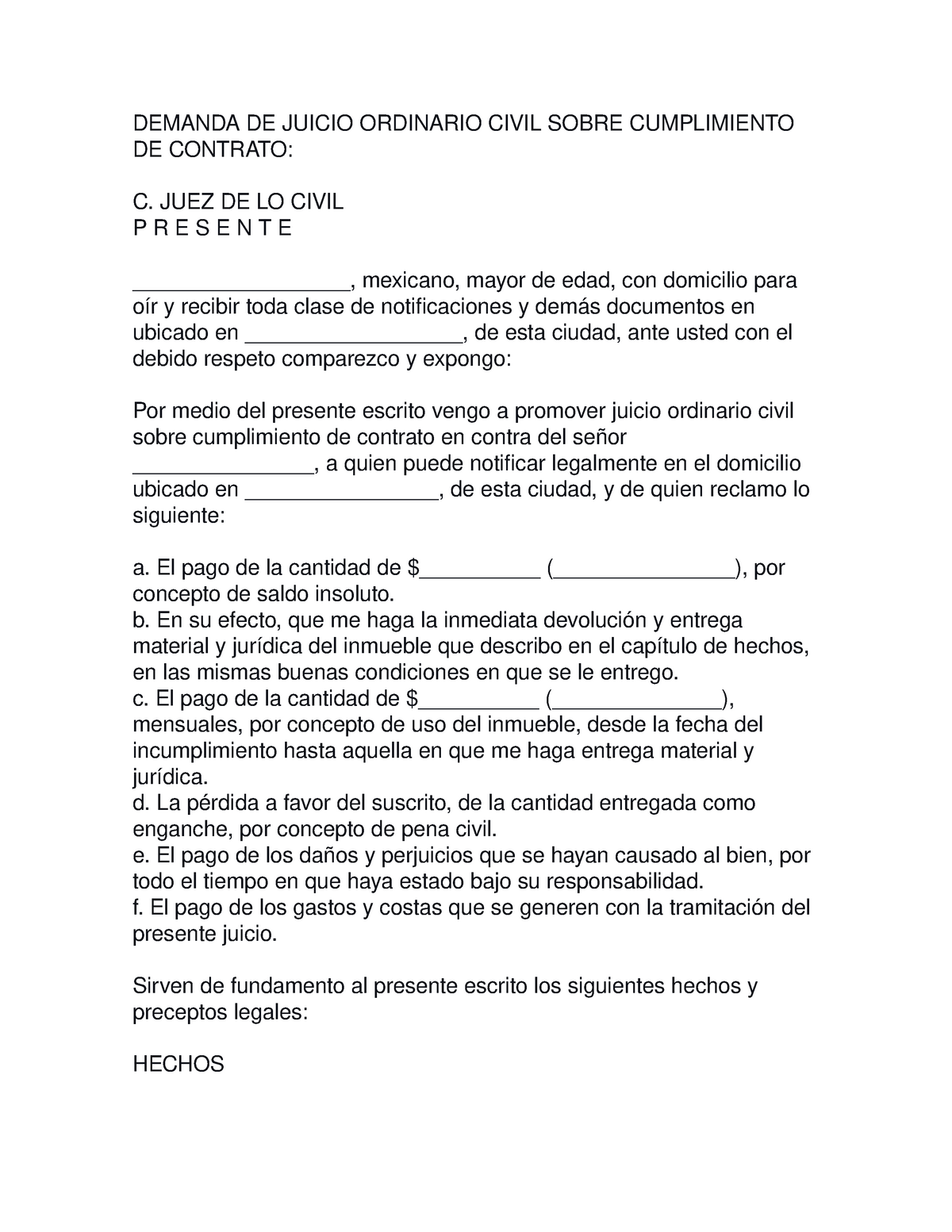 Demanda DE Juicio Ordinario Civil Sobre Cumplimiento DE Contrato - DEMANDA  DE JUICIO ORDINARIO CIVIL - Studocu