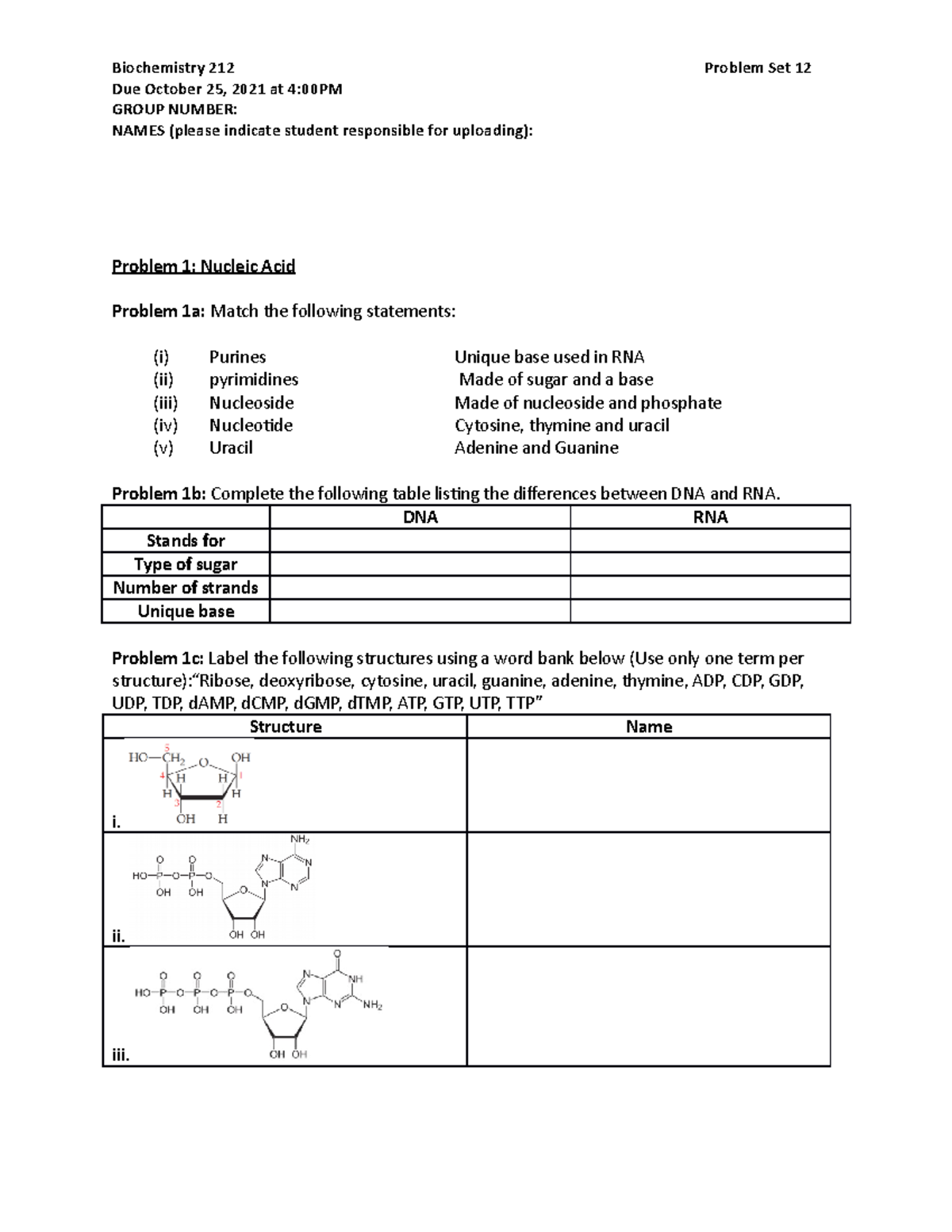 BC212PS12 Problem Set - Biochemistry 212 Problem Set 12 Due October 25 ...