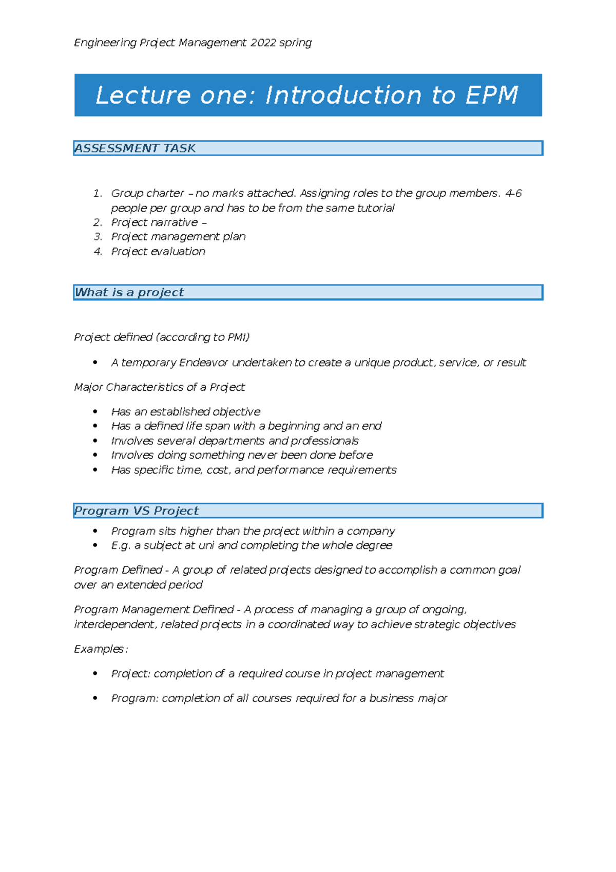 Engineering Project Mangement Lecture Notes Lecture One Introduction To Epm Assessment Task Engineering Project Mangement Lecture Notes Lecture One Introduction To Epm Assessment Task