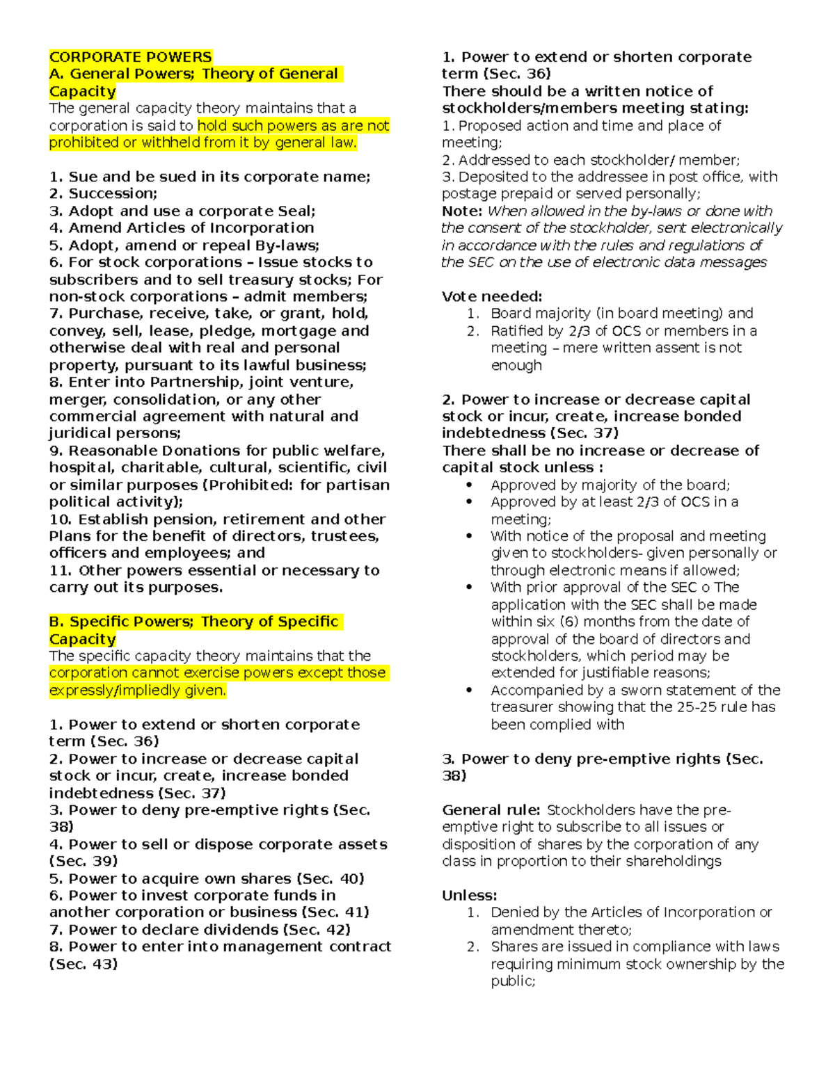 Corporate Powers CORPORATE POWERS A. General Powers; Theory of