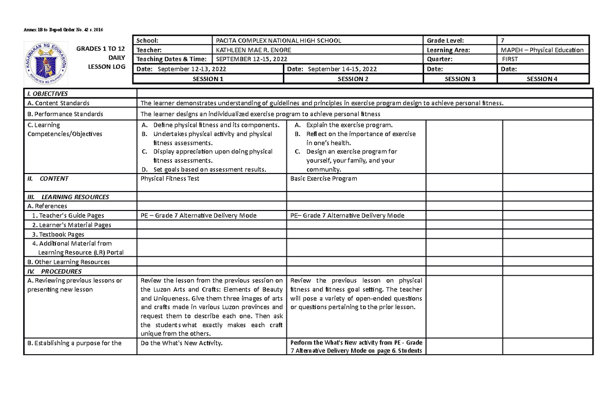 Dll 1st Lesson Pe7 Daily Lesson Log Annex 1b To Deped Order No 42 S 2016 Log I Objectives 2707