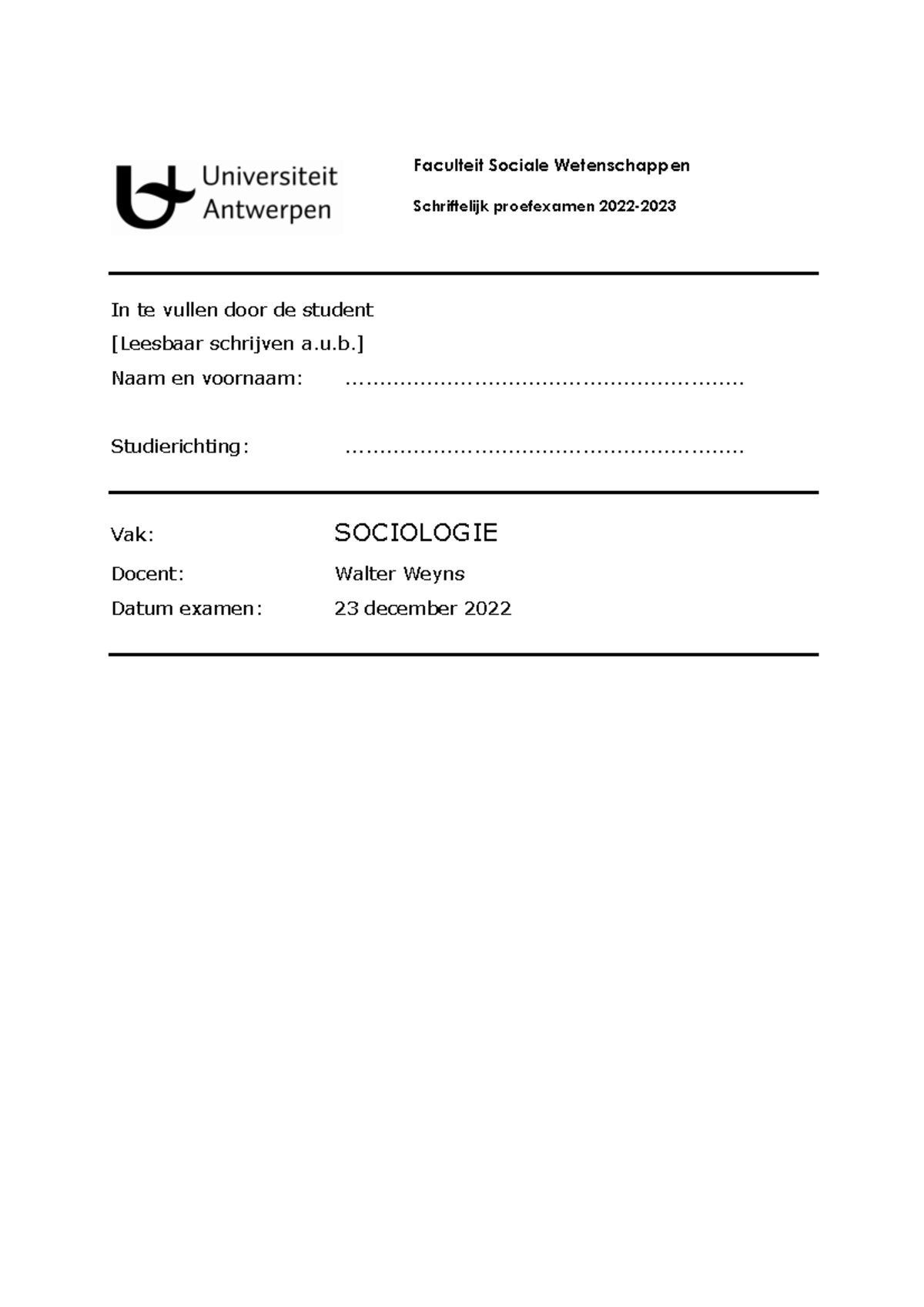 Proefexamen Sociologie 2022 - Faculteit Sociale Wetenschappen ...