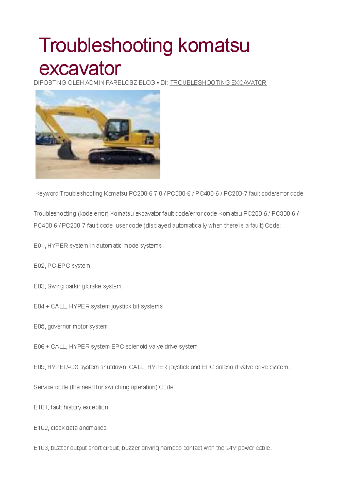 TroubleshootingKomatsuExcavator Troubleshooting komatsu DIPOSTING