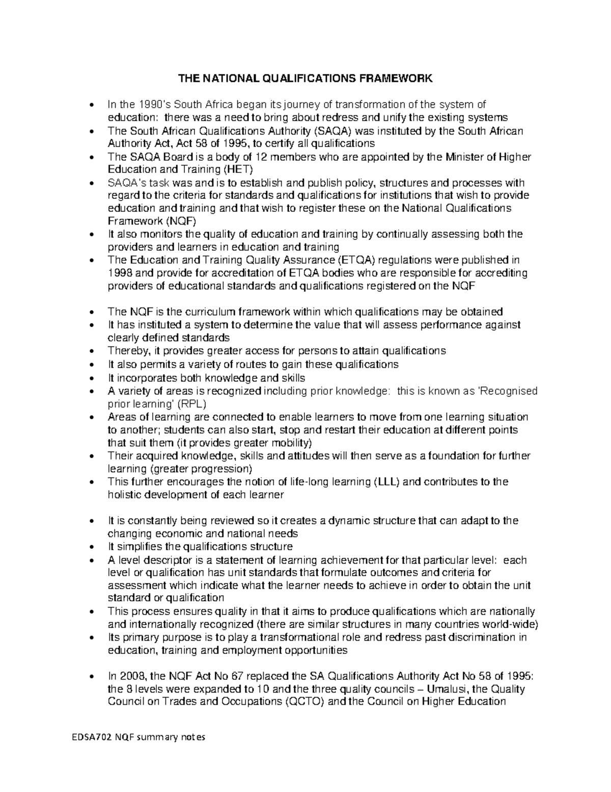 EDSA 700 Summary Notes on the NQF-3 - EDSA702 NQF summary notes THE ...
