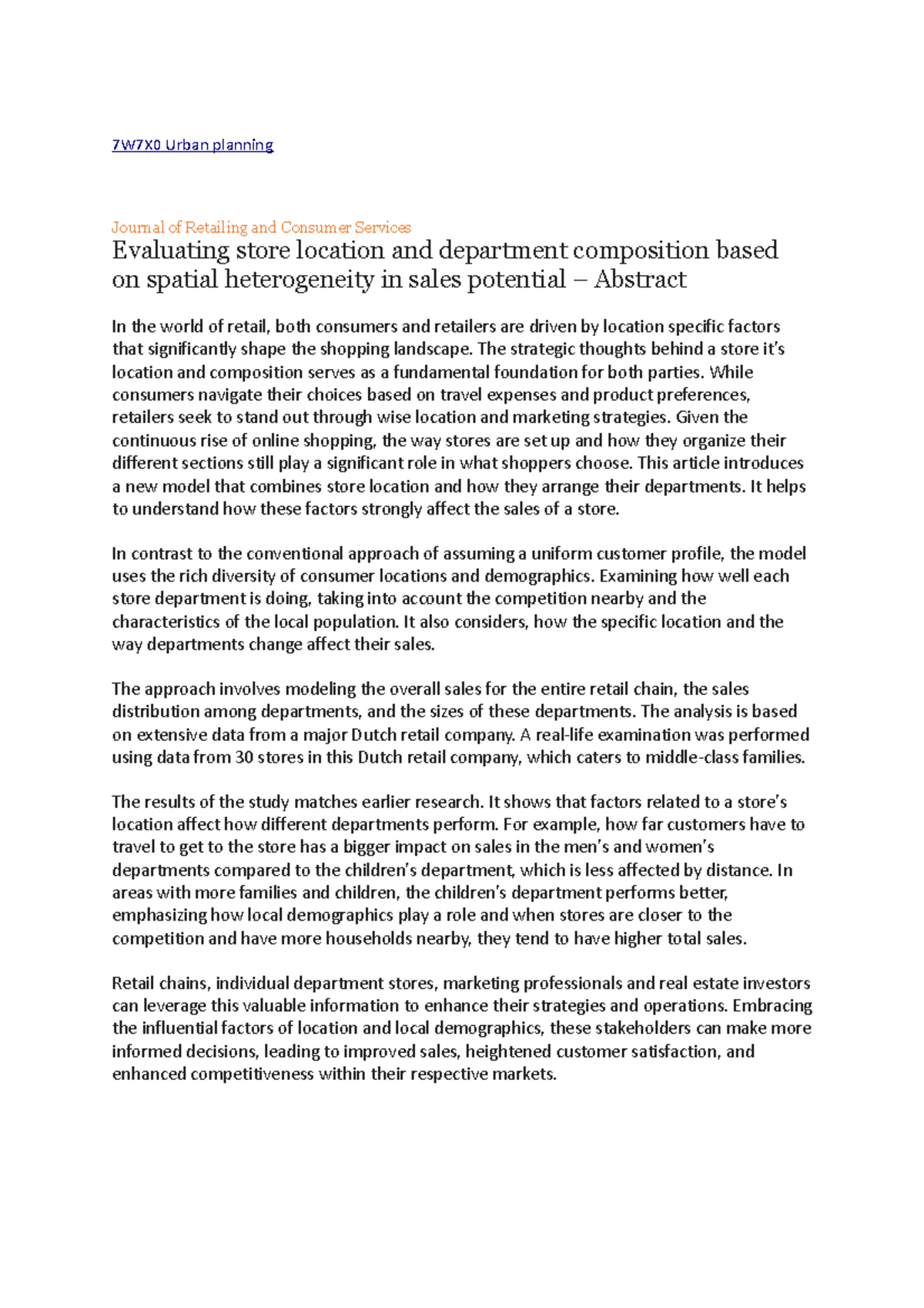 7W7X0 Urban planning test 2 retail 7W7X0 Urban planning Journal of