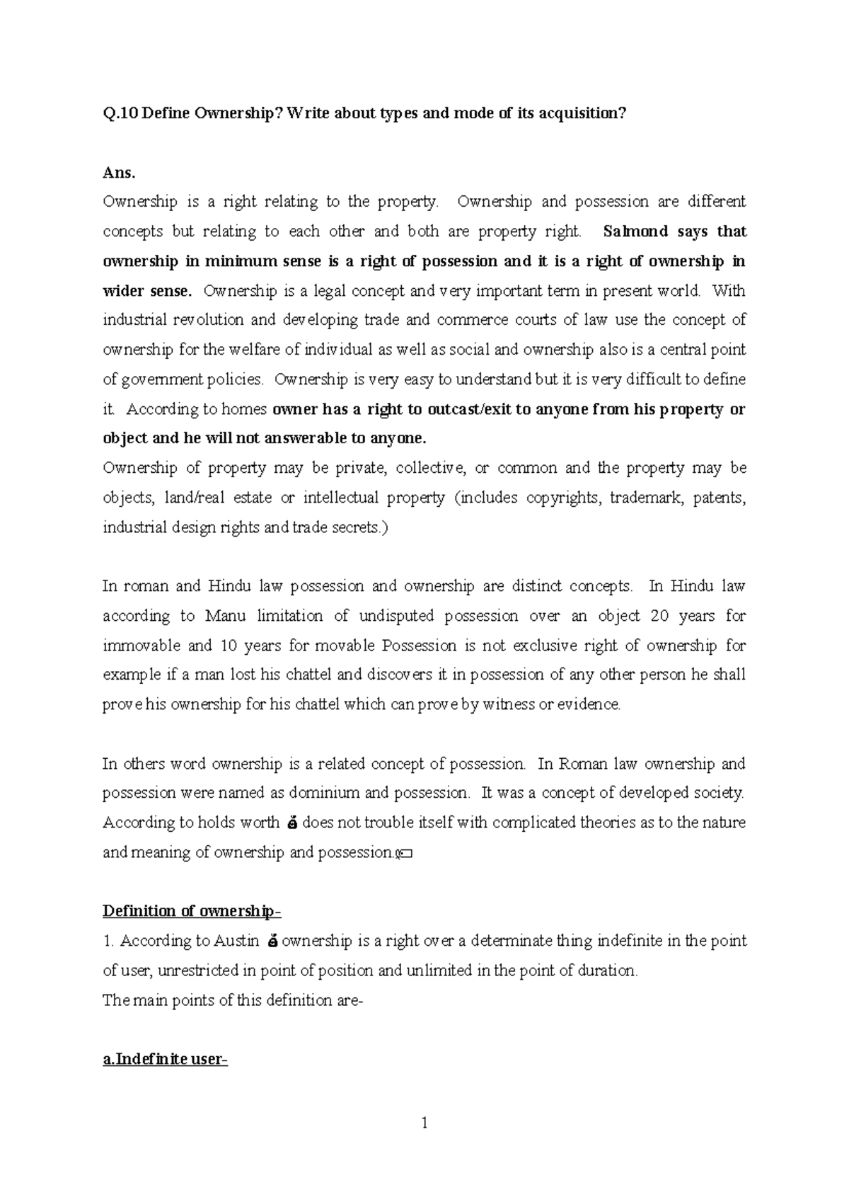 Jurieprudence LECT 10 1 Q Define Ownership? Write about types and