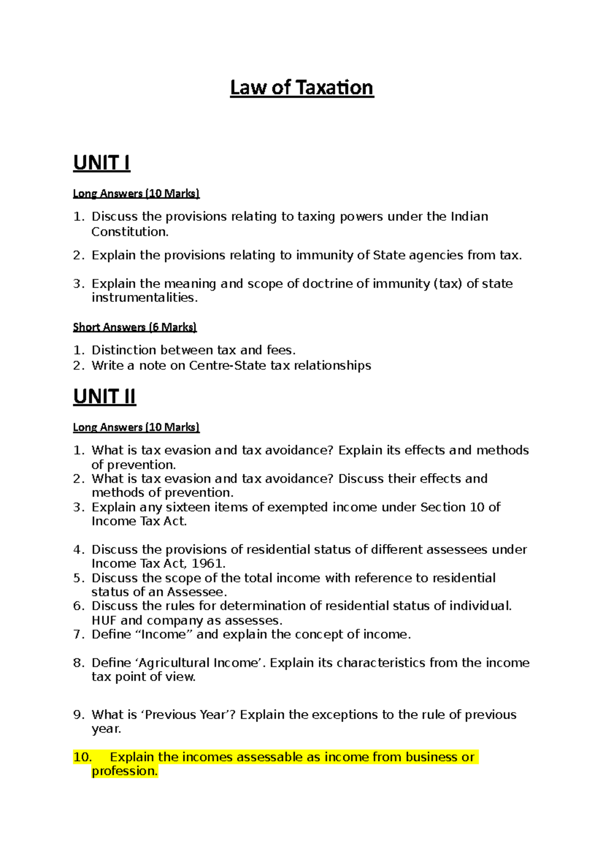 Law of Taxation - Unit Wise PEQ - Law of Taxation UNIT I Long Answers ...