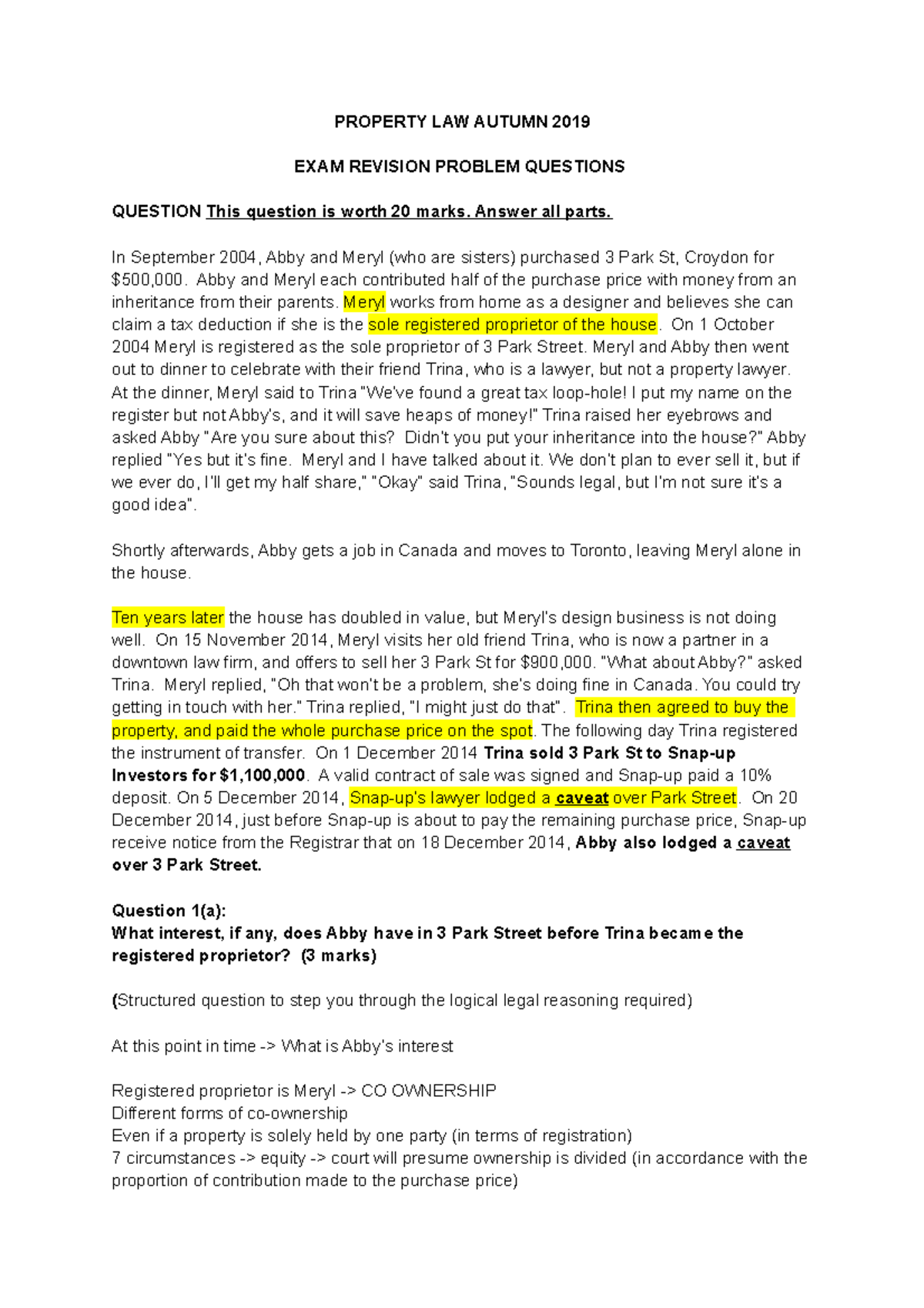 2019 Exam - 2019 Exam - PROPERTY LAW AUTUMN 2019 EXAM REVISION PROBLEM ...