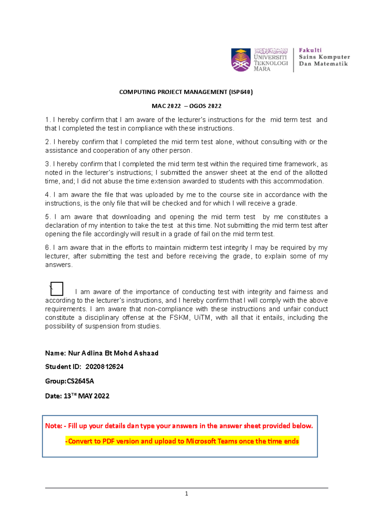 ISP640 Answer Sheet Final TEST JULY 2022 - COMPUTING PROJECT MANAGEMENT ...