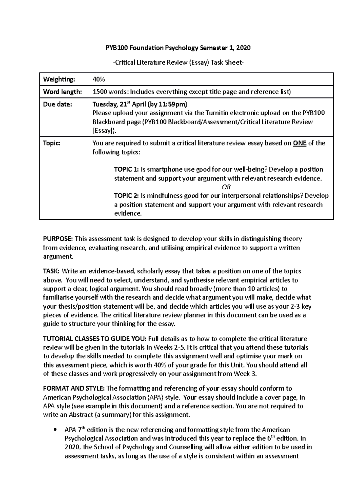 PYB100 Assignment Guidelines - PYB100 Foundation Psychology Semester 1 ...