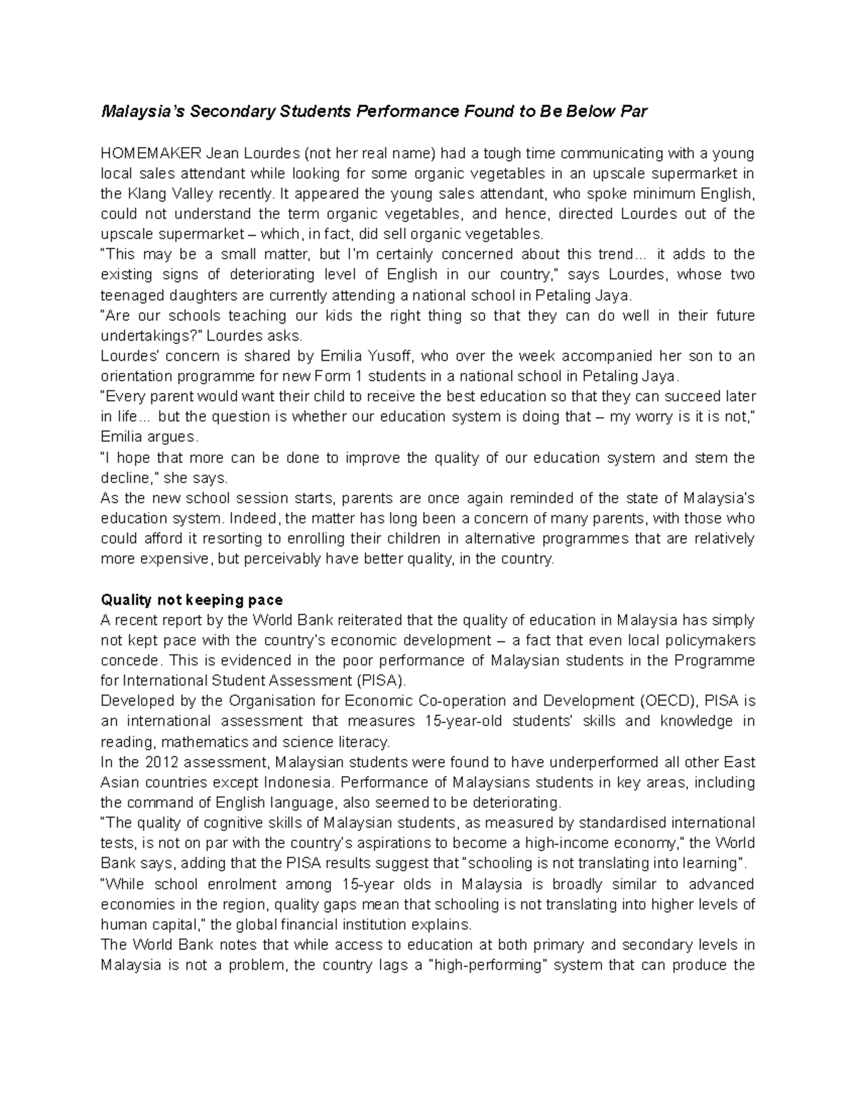 Sample article - Malaysia’s Secondary Students Performance Found to Be ...