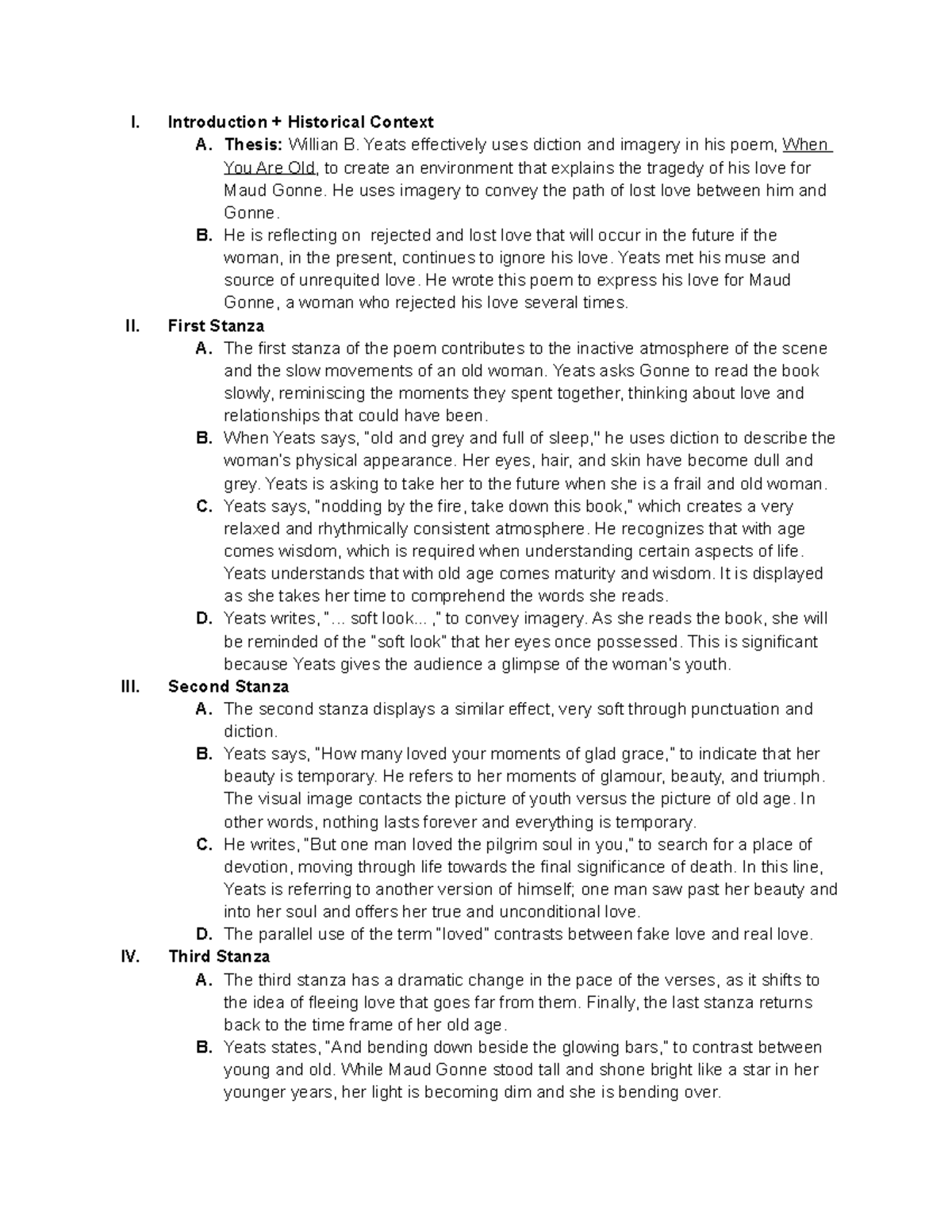 When You Are Old- Outline - I. Introduction + Historical Context A ...