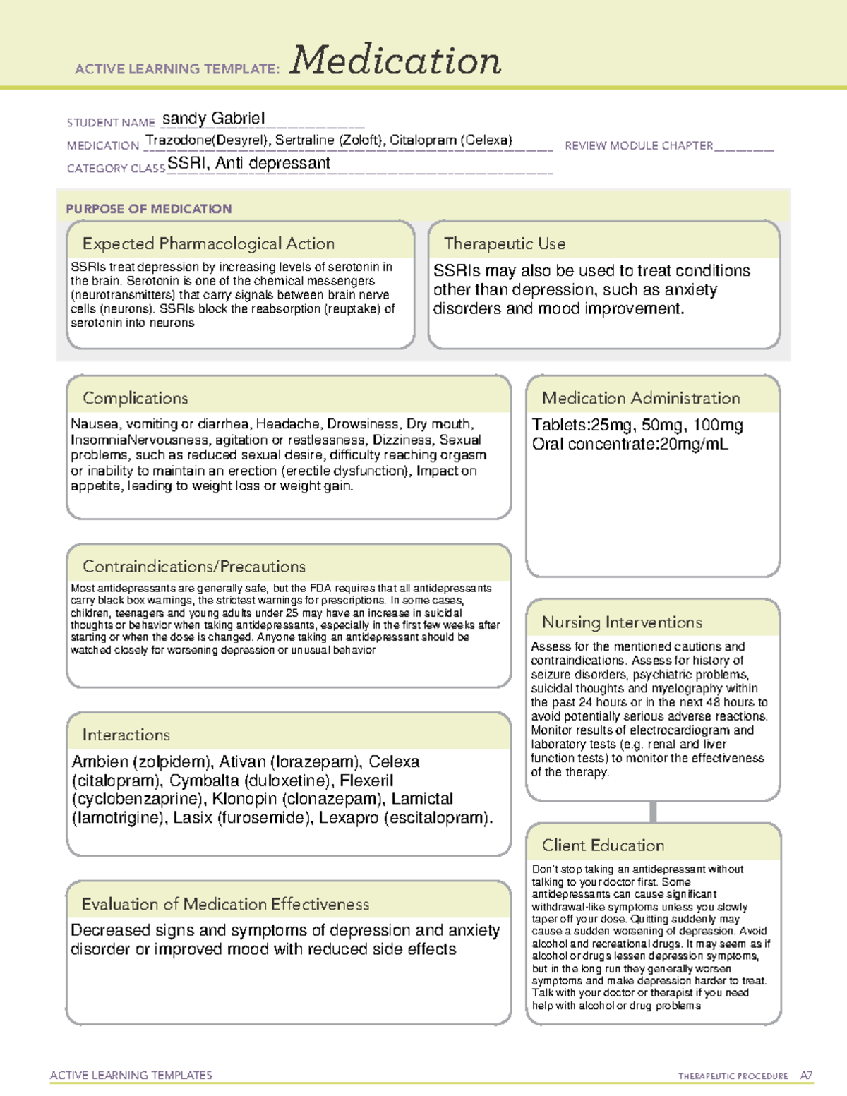 Ssri concept map ACTIVE LEARNING TEMPLATES TherapeuTic