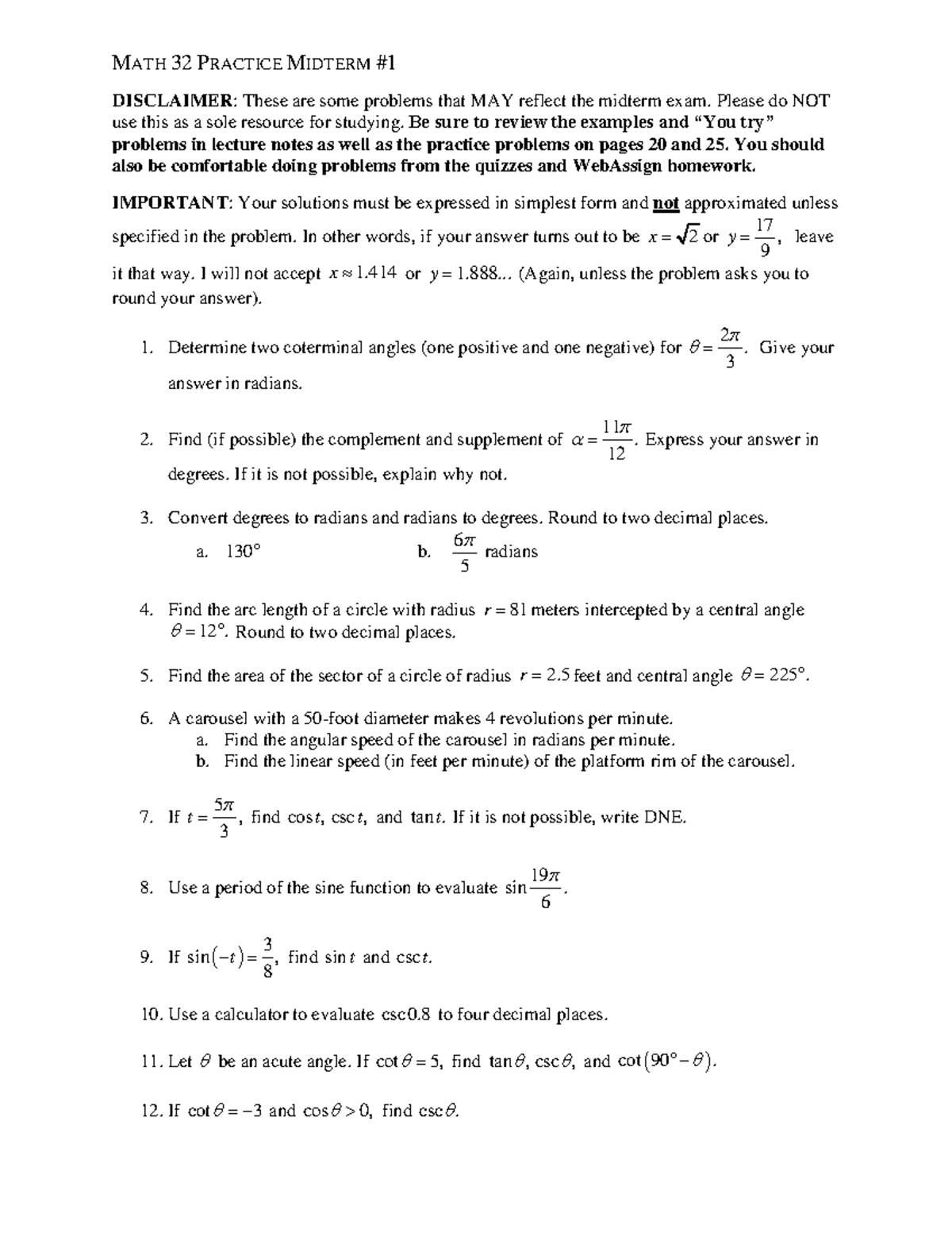 Math 32 Midterm 1 Practice Fall 2020 - MATH 32 PRACTICE MIDTERM ...