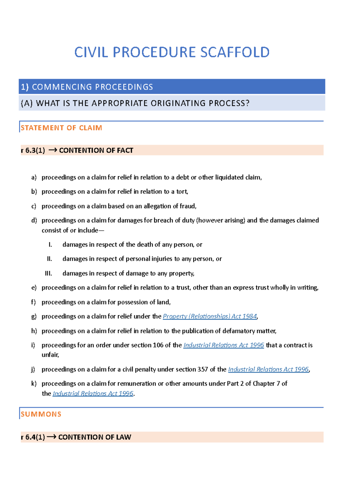 CP Scaffold Exam notes CIVIL PROCEDURE SCAFFOLD 1) COMMENCING