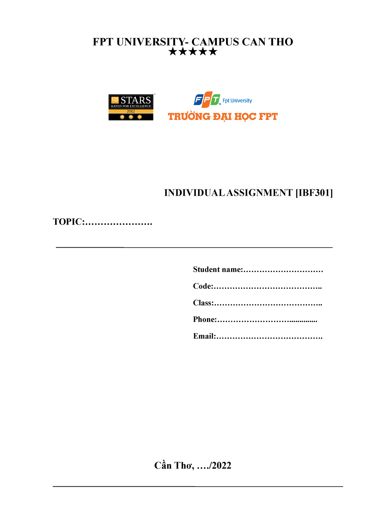 Individual Assigment - Ibf301 - FPT UNIVERSITY- CAMPUS CAN THO ...