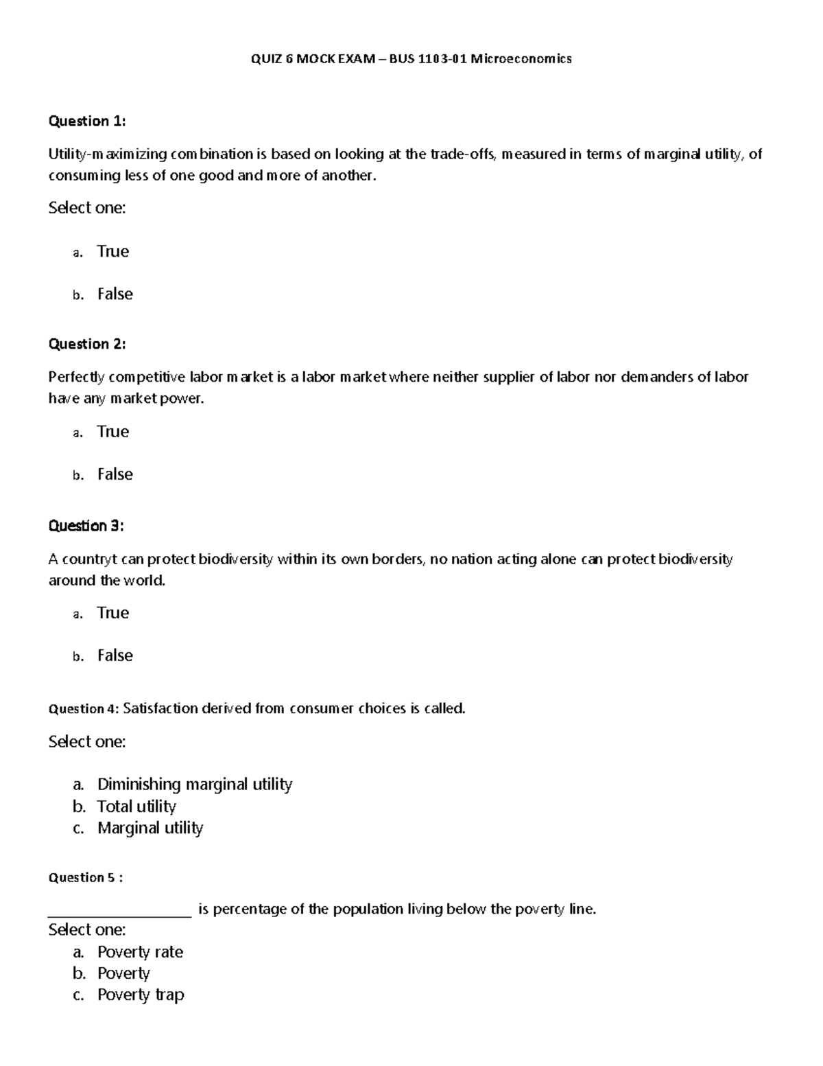 QUIZ 6 MOCK EXAM - BUS 1103-01 - QUIZ 6 MOCK EXAM – BUS 1103-01 ...