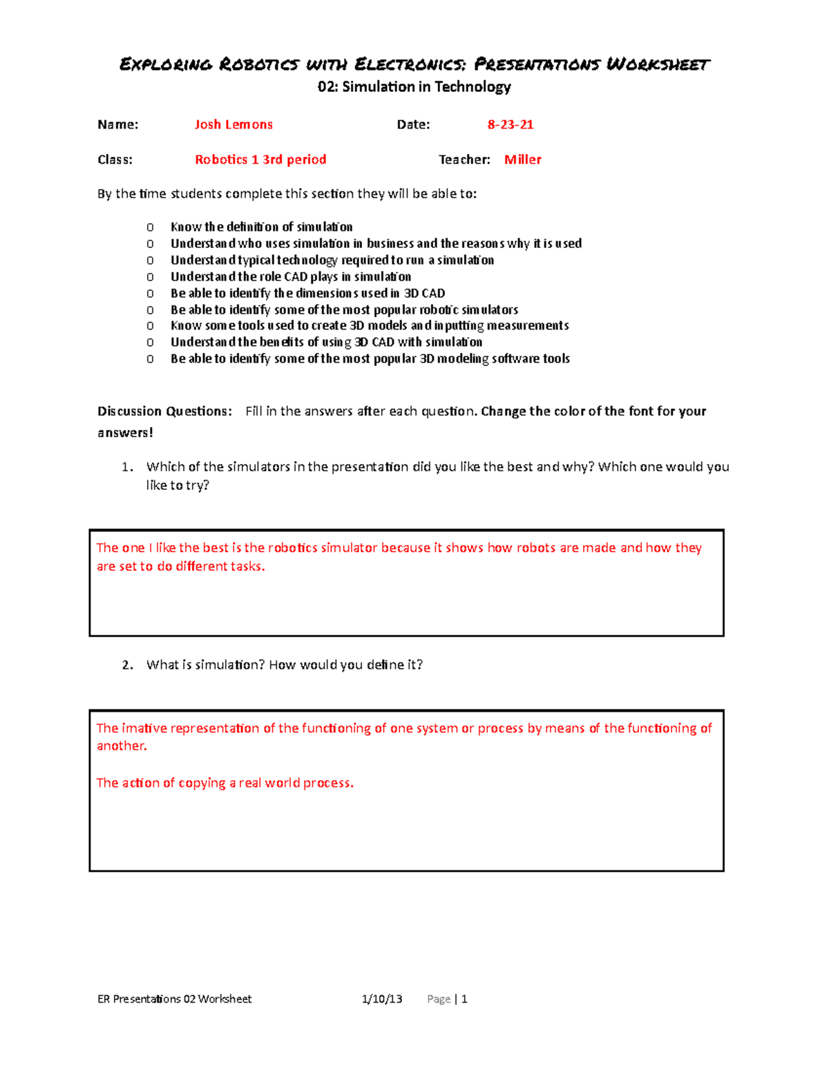 Presentations 02 Worksheet - Exploring Robotics with Electronics ...