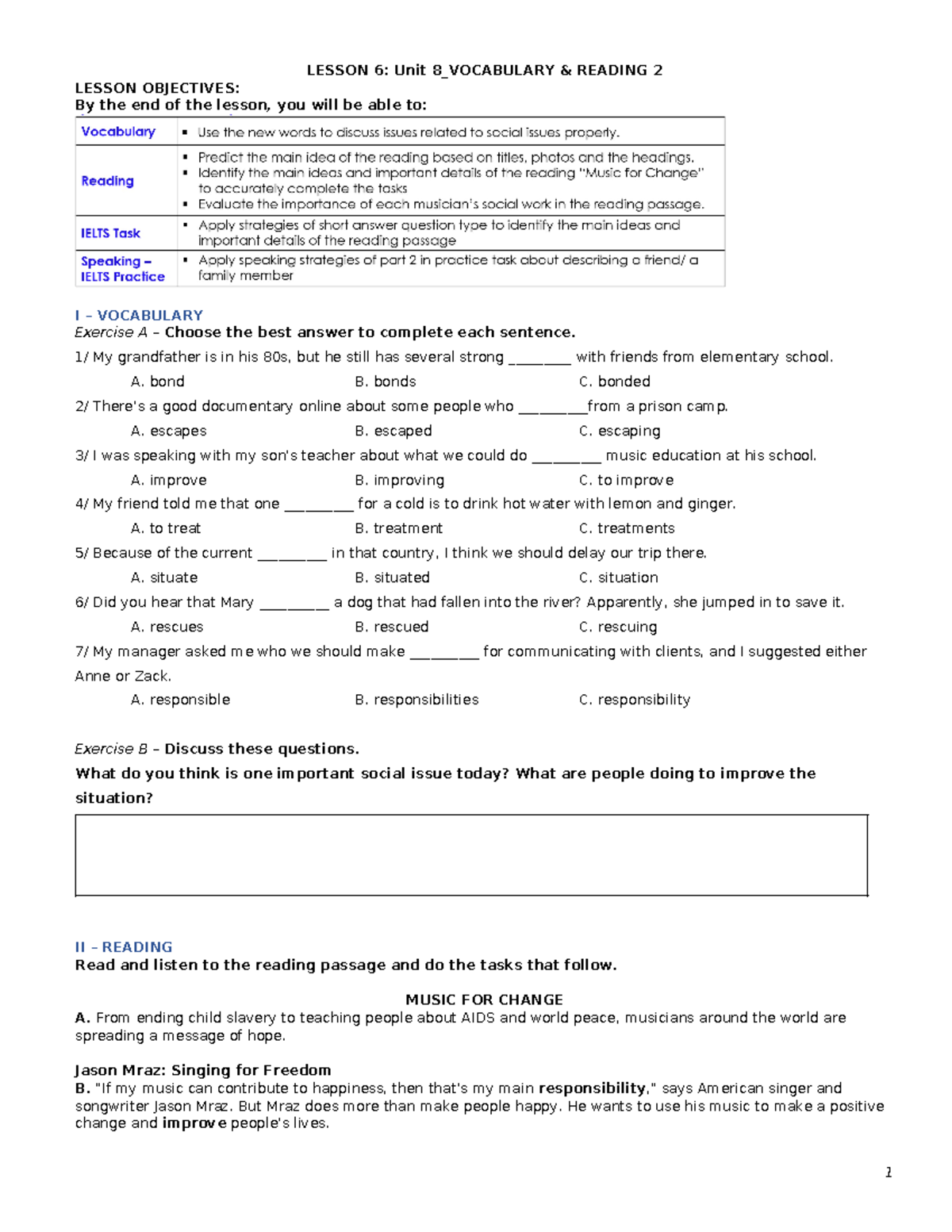 [HK233] Lesson 6 In-class worksheet - LESSON 6: Unit 8_VOCABULARY ...