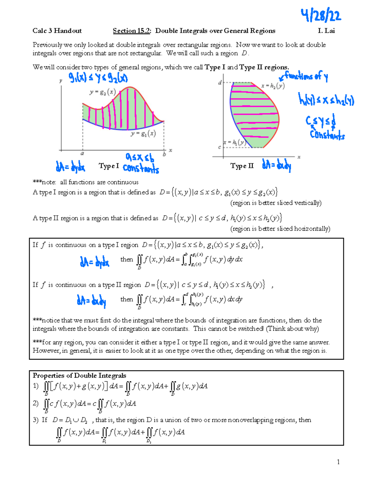 Double Integrals Over General Regions Lesson 15.2 - 1 Calc 3 Handout ...