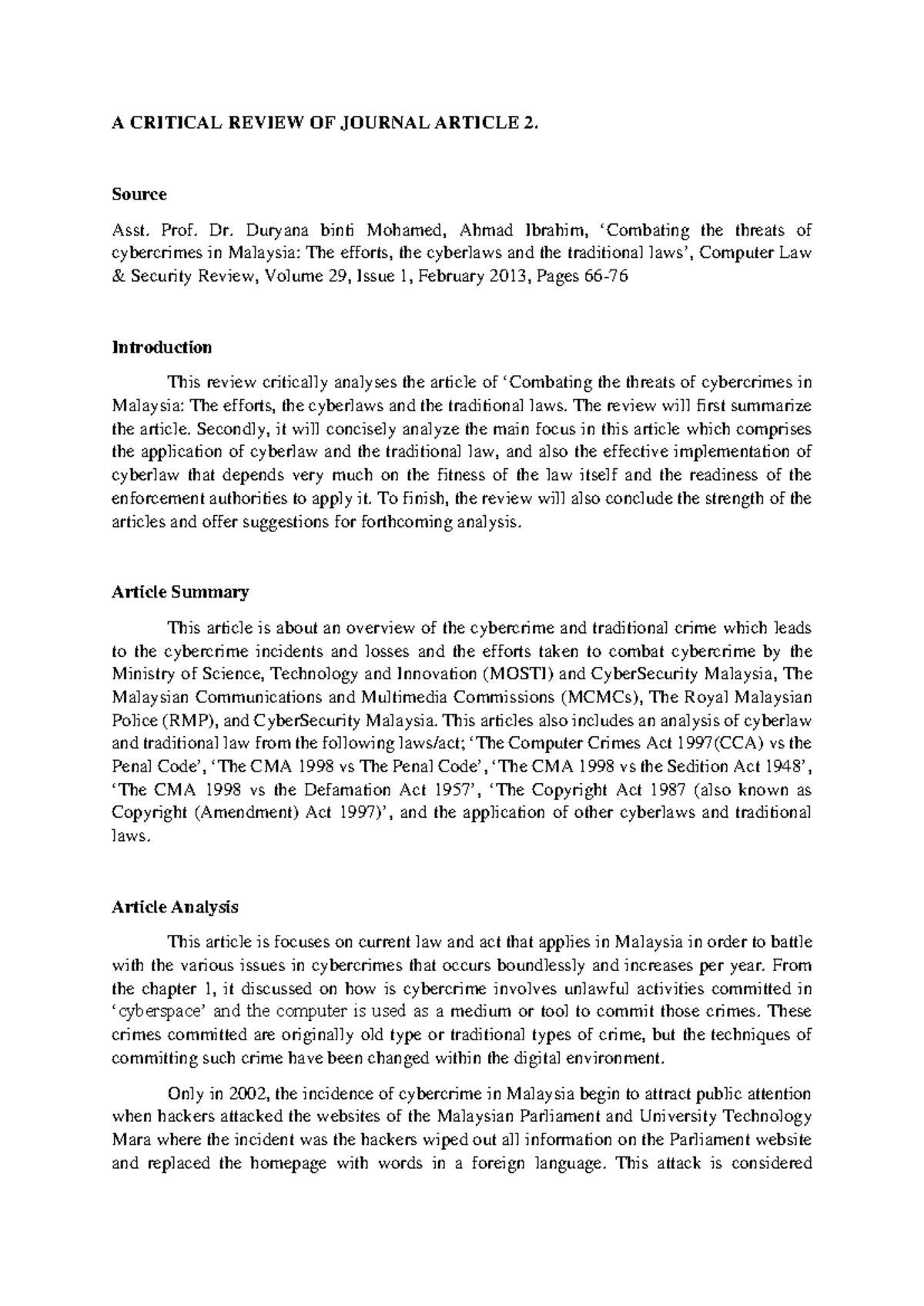 A Critical Review OF Journal Article 2 - A CRITICAL REVIEW OF JOURNAL ...