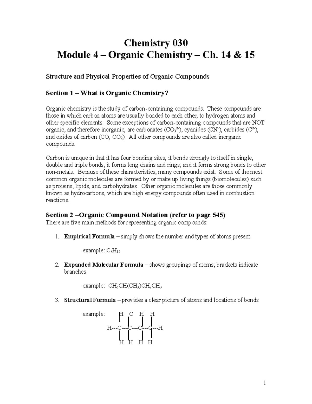 Module 4 Organic Chemistry - Chemistry 030 Module 4 – Organic Chemistry ...