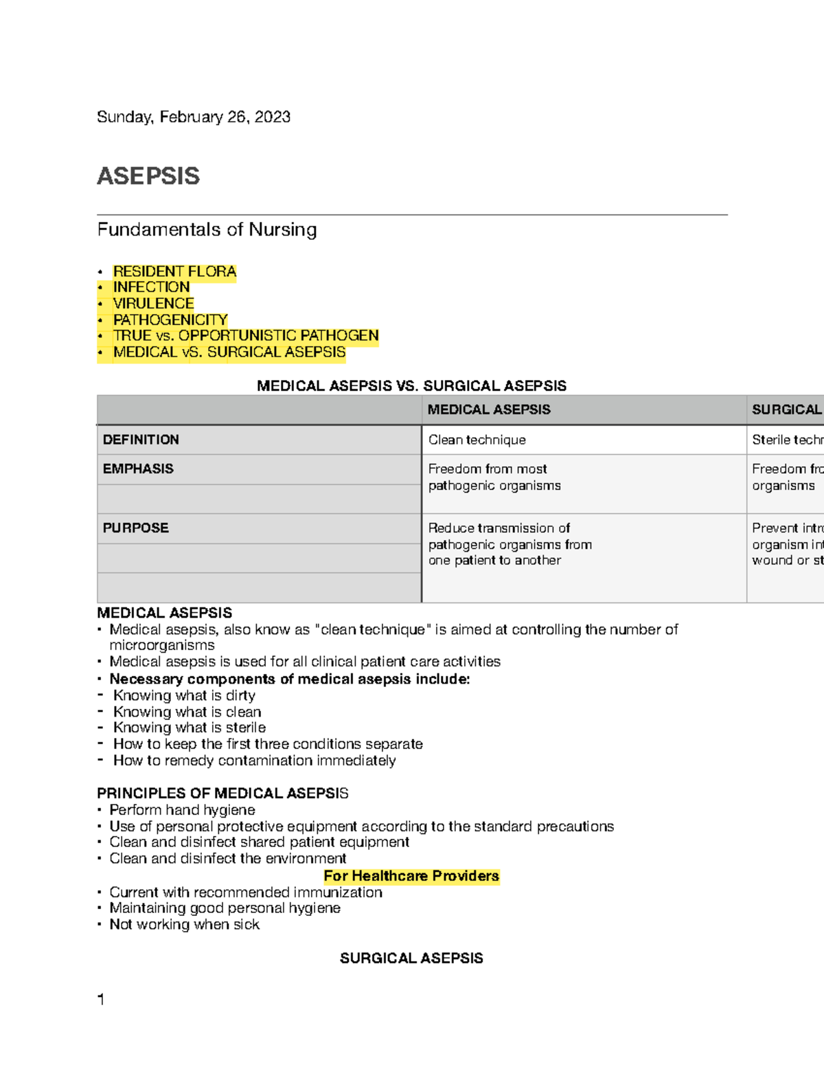 Note-Taking - Nursing - Sunday, February 26, 2023 ASEPSIS Fundamentals ...